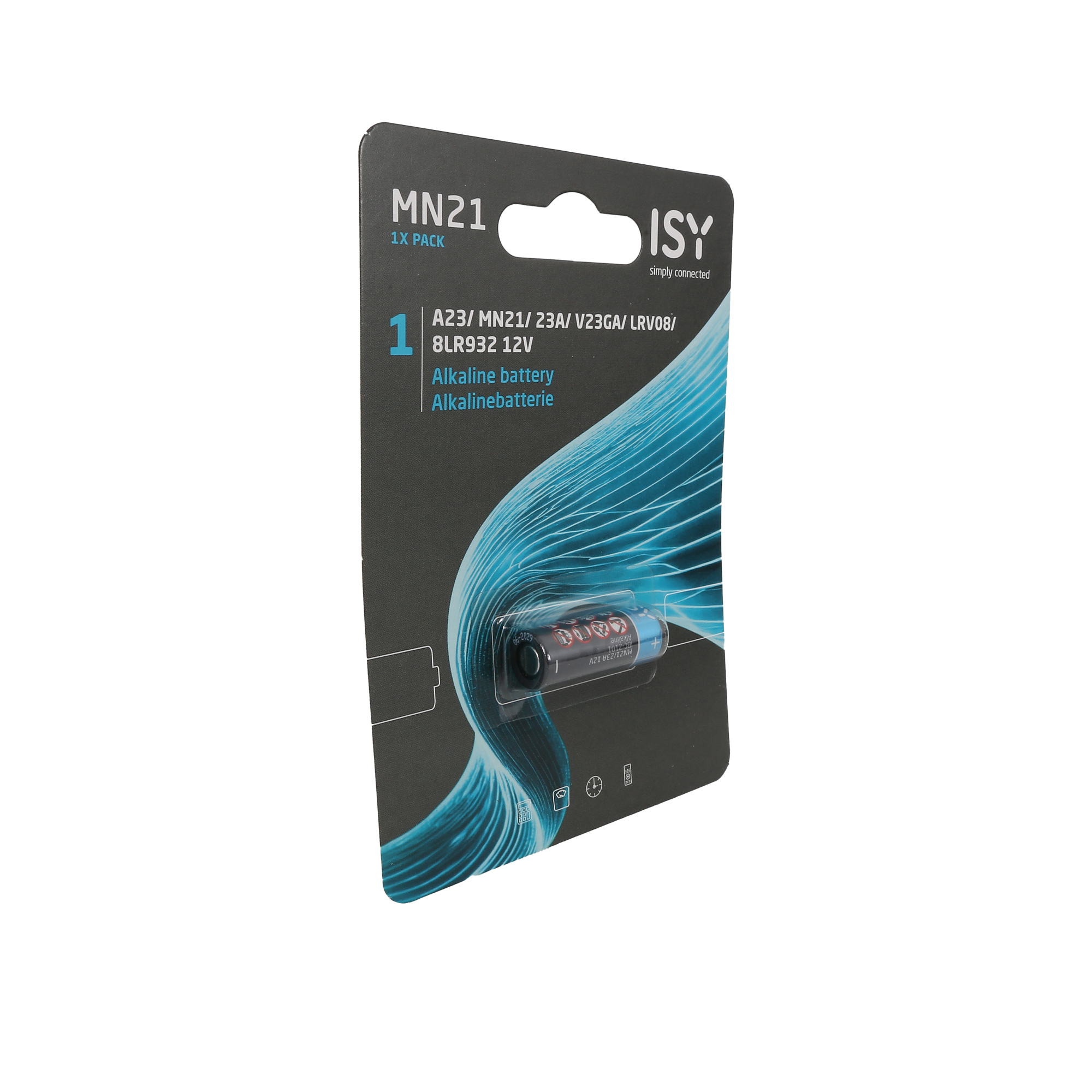 Eine ISY MN21 Alkaline-Batterie in der Originalverpackung auf weißem Hintergrund.