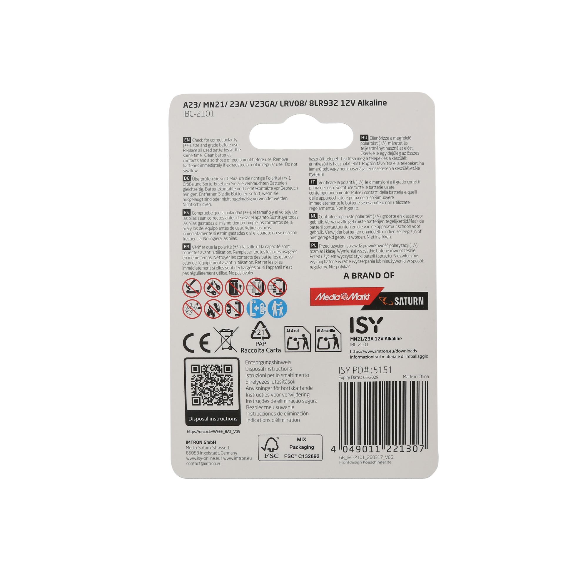 Rückseite einer Batteriepackung mit mehrsprachigen Warnhinweisen, Symbolen, Barcode und Herstellungsdetails.
