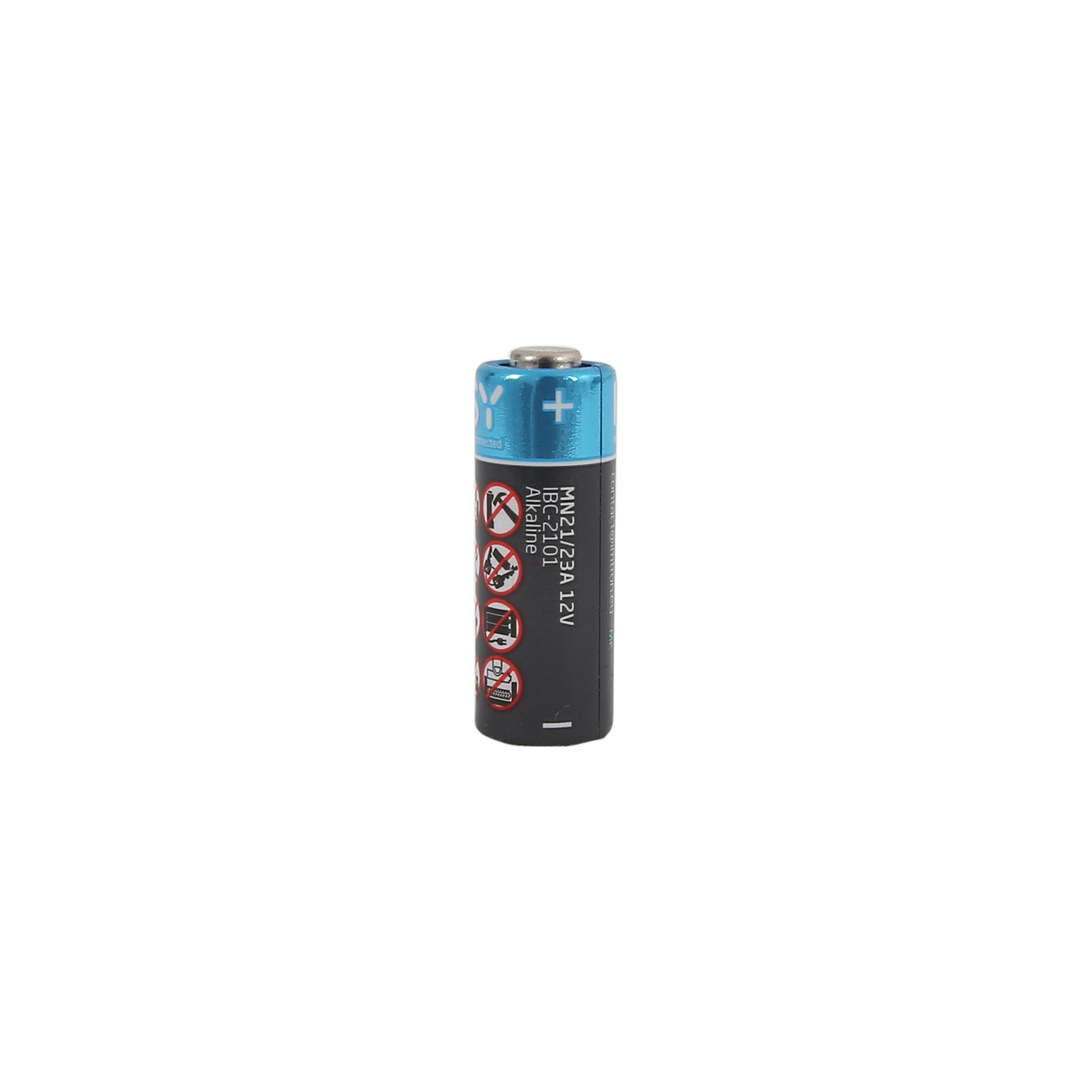 Eine blau-schwarze 12V-Alkalibatterie steht auf weißem Grund mit Warnsymbolen aufgedruckt.