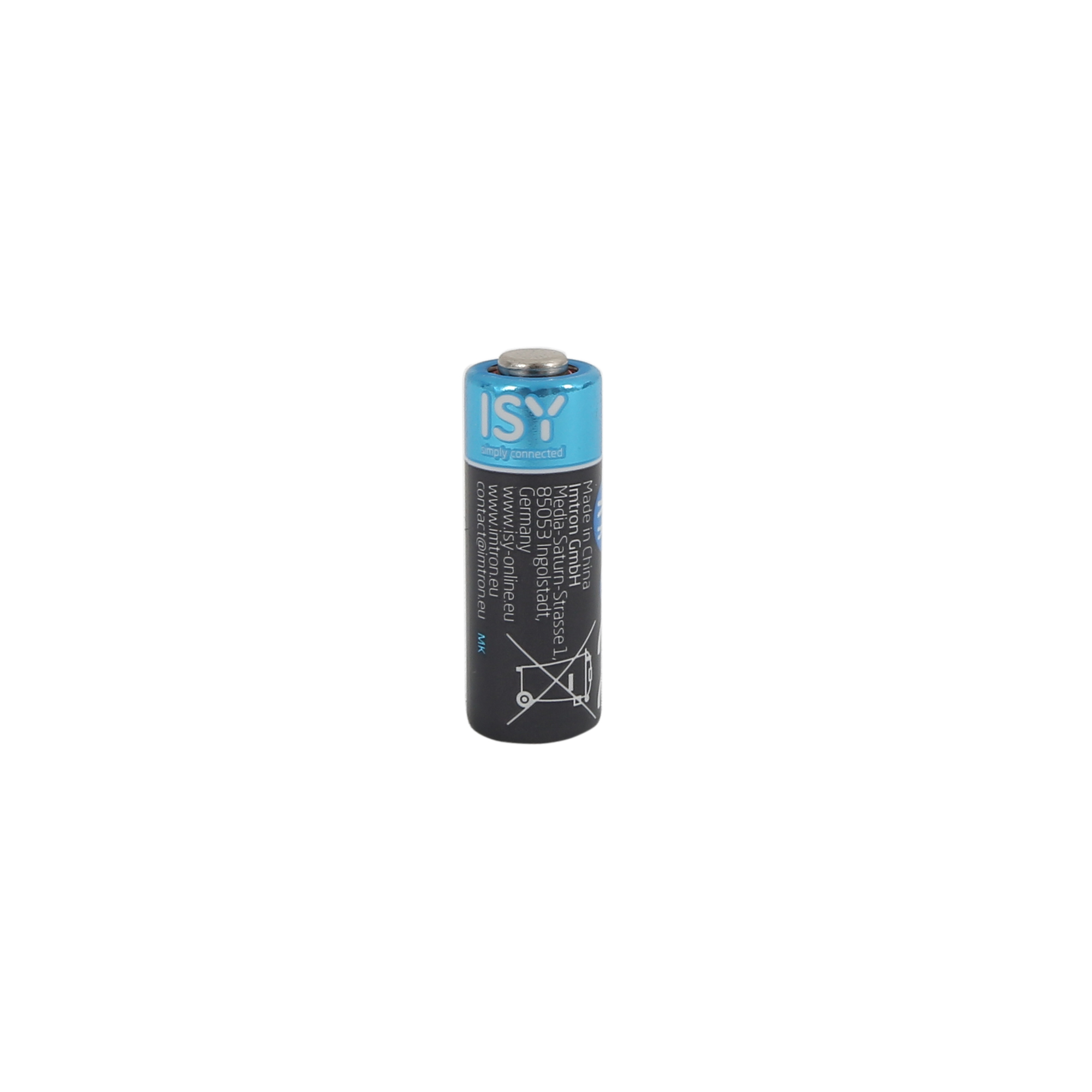 Eine schwarz-blaue AA-Batterie der Marke ISY steht senkrecht auf weißem Hintergrund.
