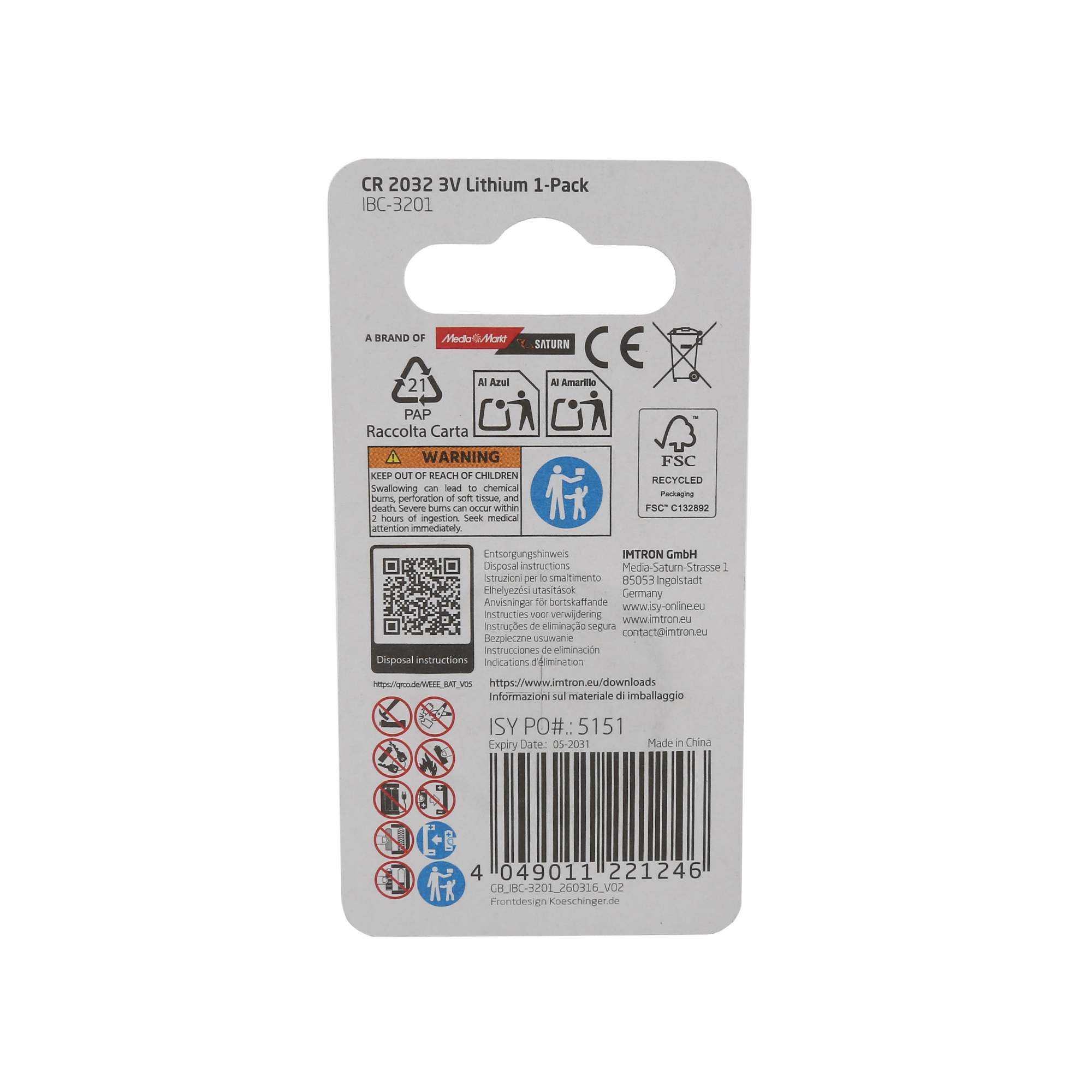 Rückseite einer CR 2032 Lithium-Batterie Verpackung mit Warnhinweisen und Barcode.