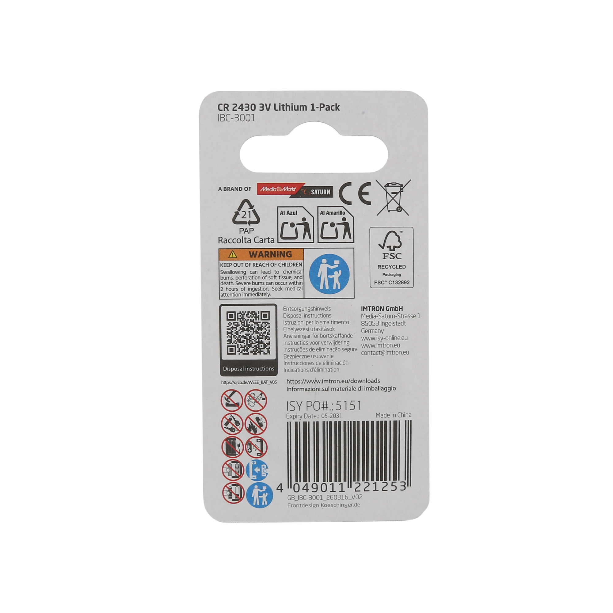 Rückseite einer Lithium-Knopfzellen-Verpackung mit Warnhinweisen und Recycling-Symbolen.