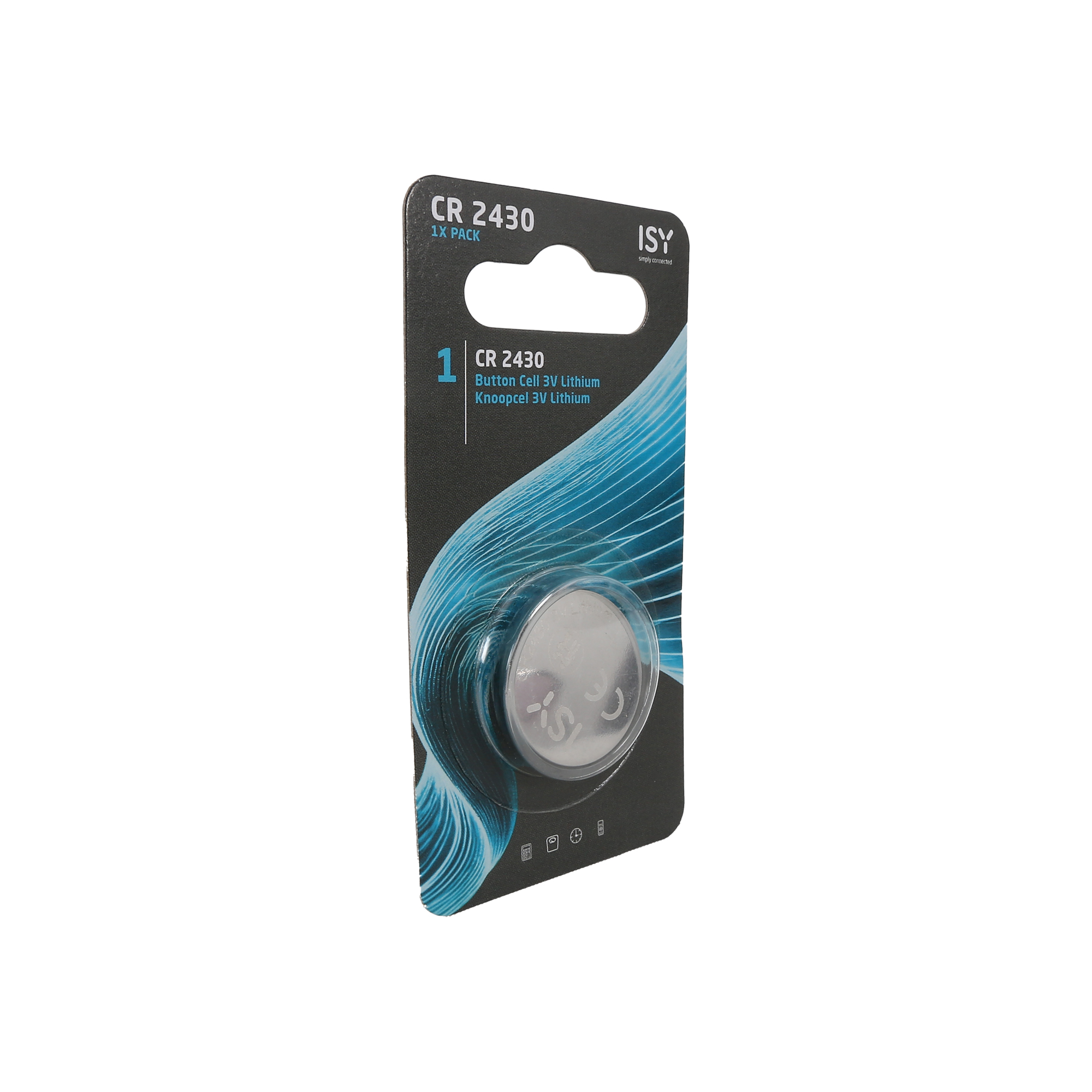 Eine Verpackung mit einer ISY CR 2430 3V Lithium-Knopfzelle.