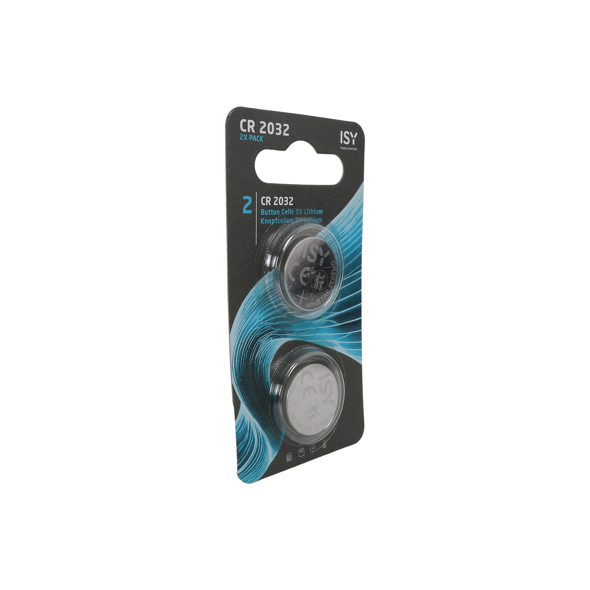 Eine ISY 2er-Packung CR 2032 Lithium-Knopfzellen in schwarzer Verpackung mit blauen Wellenmustern.
