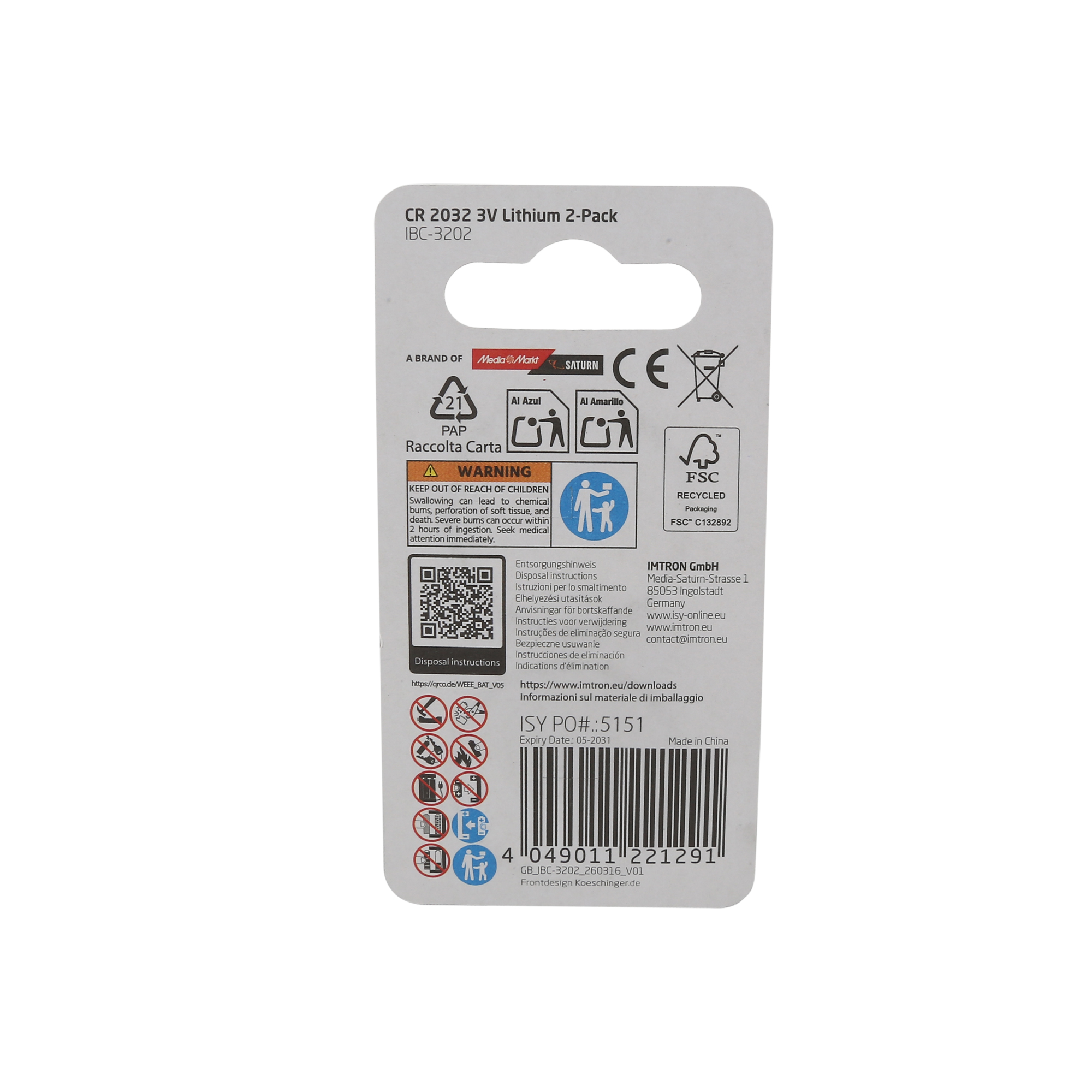 Rückseite einer CR 2032 Lithium-Batteriepackung mit Warnhinweisen und Barcode auf weißem Hintergrund.