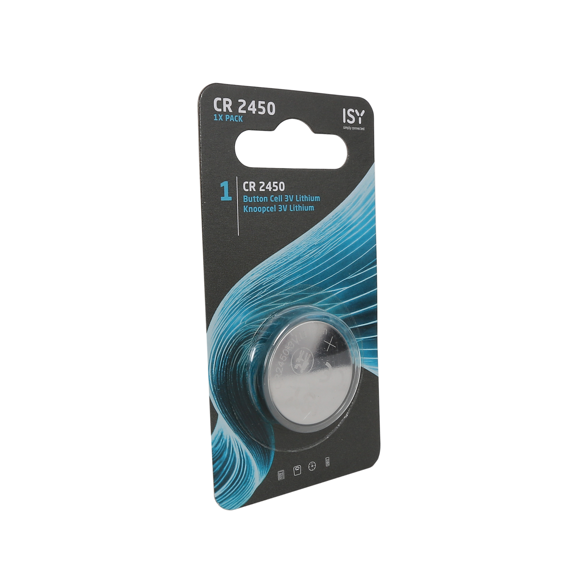 Eine Blisterpackung mit einer ISY CR 2450 3V Lithium-Knopfzelle auf schwarz-blauer Karte.