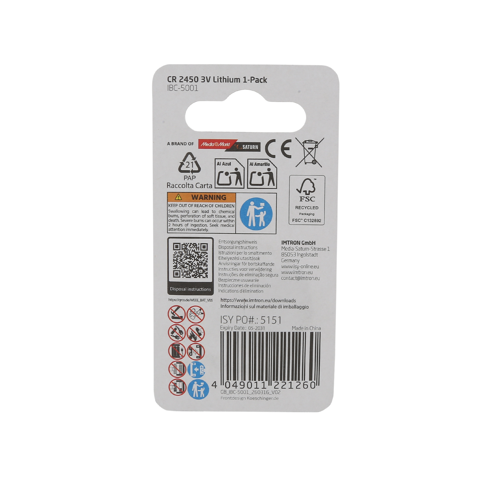 Rückseite einer CR 2450 3V Lithium Batterie-Verpackung mit Warnhinweisen und Barcode.