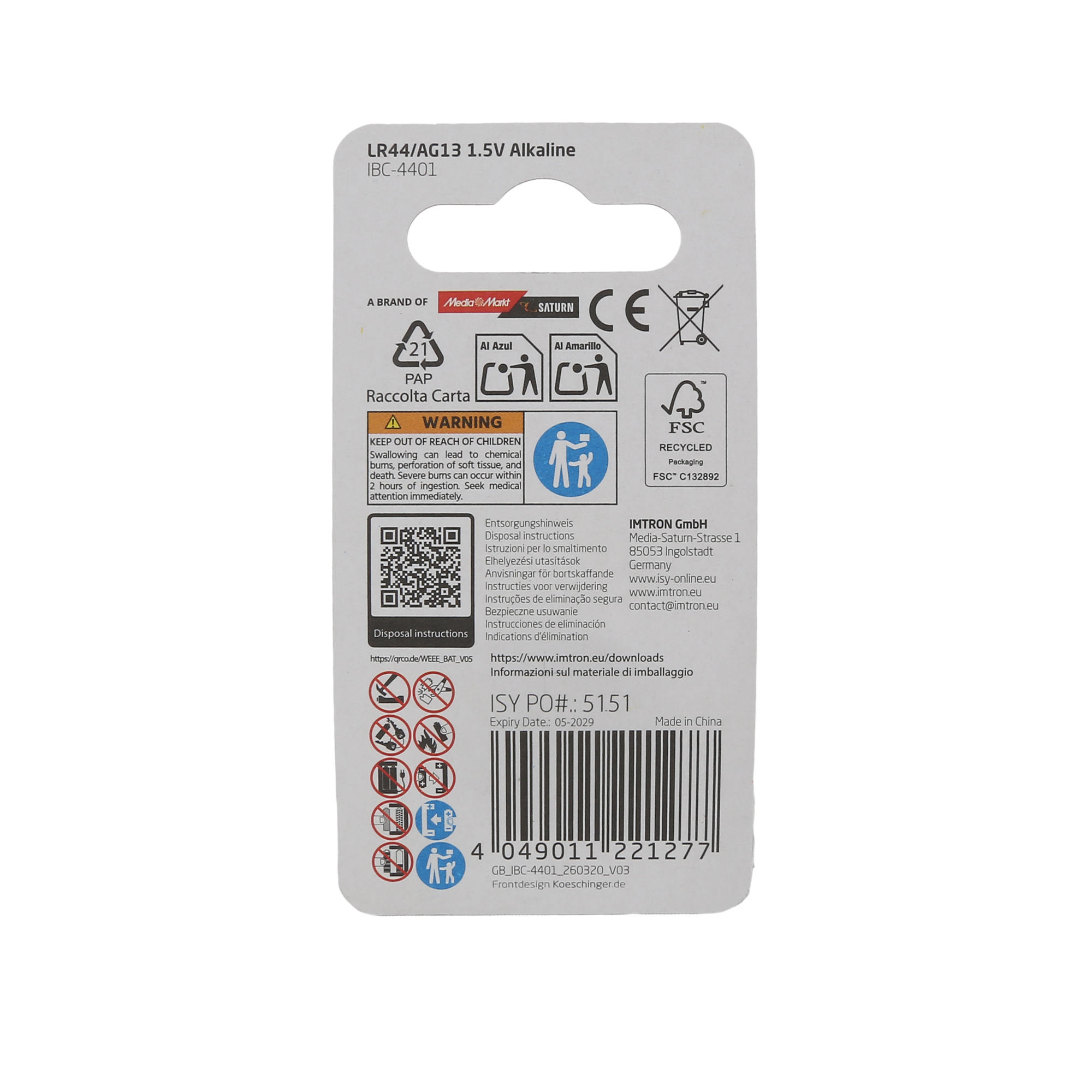 Rückseite einer LR44 Alkalibatterie Blisterverpackung mit Sicherheitshinweisen, QR-Code, Firmeninfo und Barcode.