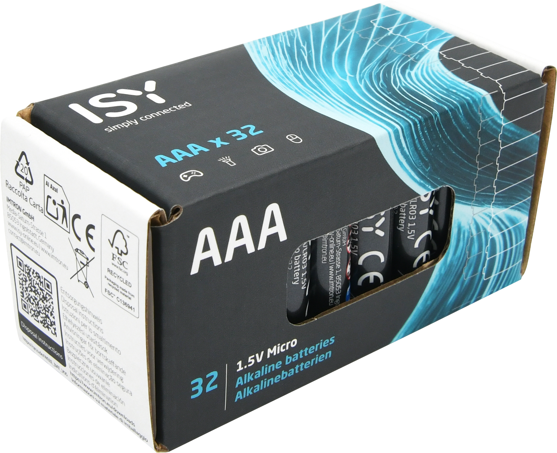 Schwarze ISY AAA-Alkalibatteriebox mit 32 Stück und blauer Welle.