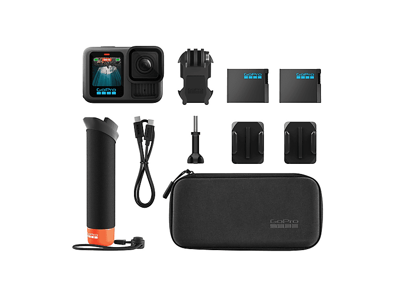 Action Camera GOPRO HERO13 Black + accessori, The Handler, 2 batterie Enduro, supporti adesivi curvi, SanDisk microSD da 64 GB, fibbia di montaggio vite fissaggio, cavo USB-C, custodia per il trasporto