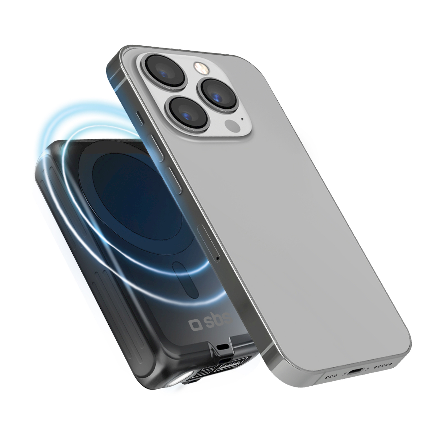 Uno smartphone grigio fluttua sopra un caricabatterie wireless con linee d'onda blu.