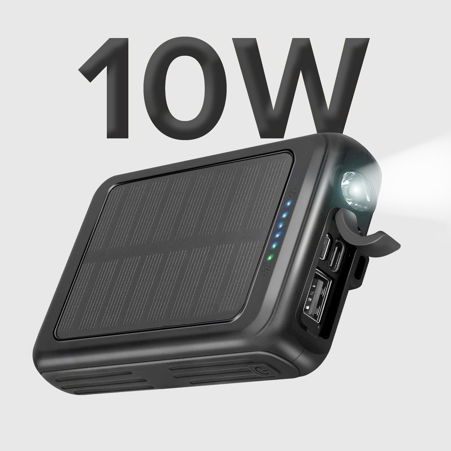 Power bank solare nero da 10W con torcia LED integrata e porte USB su sfondo chiaro.