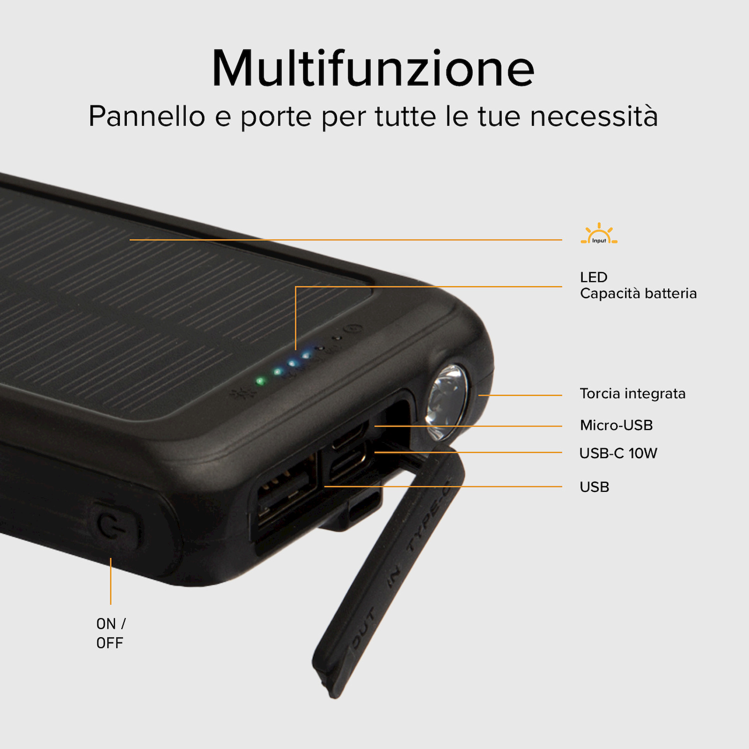 Power bank solare con indicatori LED, porte, torcia e testo in italiano.