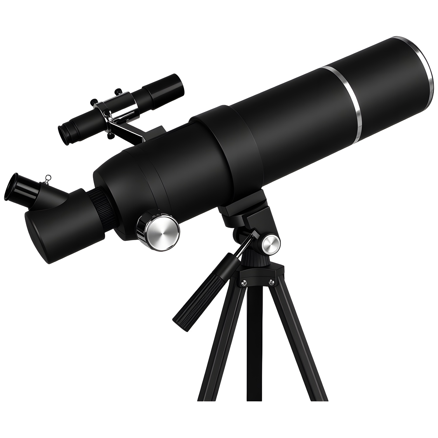 Un télescope noir avec chercheur monté sur un trépied sur fond blanc.