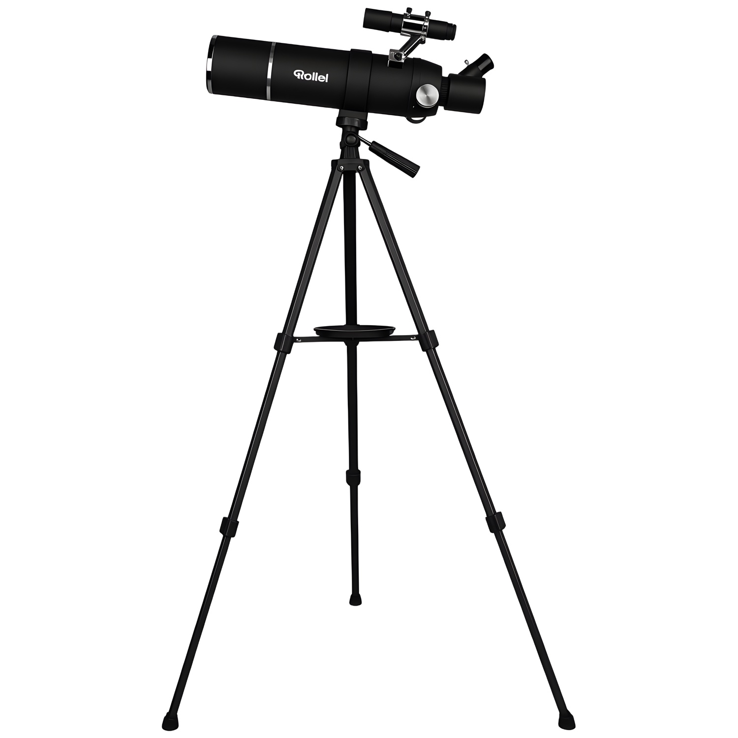 Télescope Rollei noir sur un trépied sur un fond blanc.