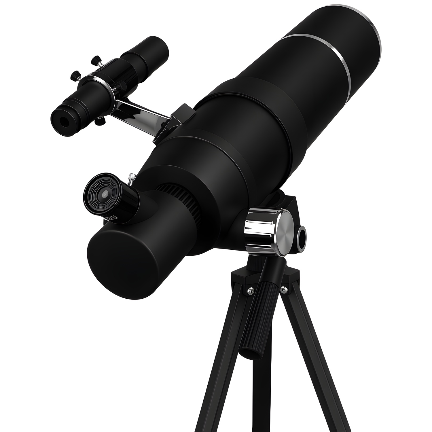 Un télescope noir avec chercheur sur trépied sur fond blanc.