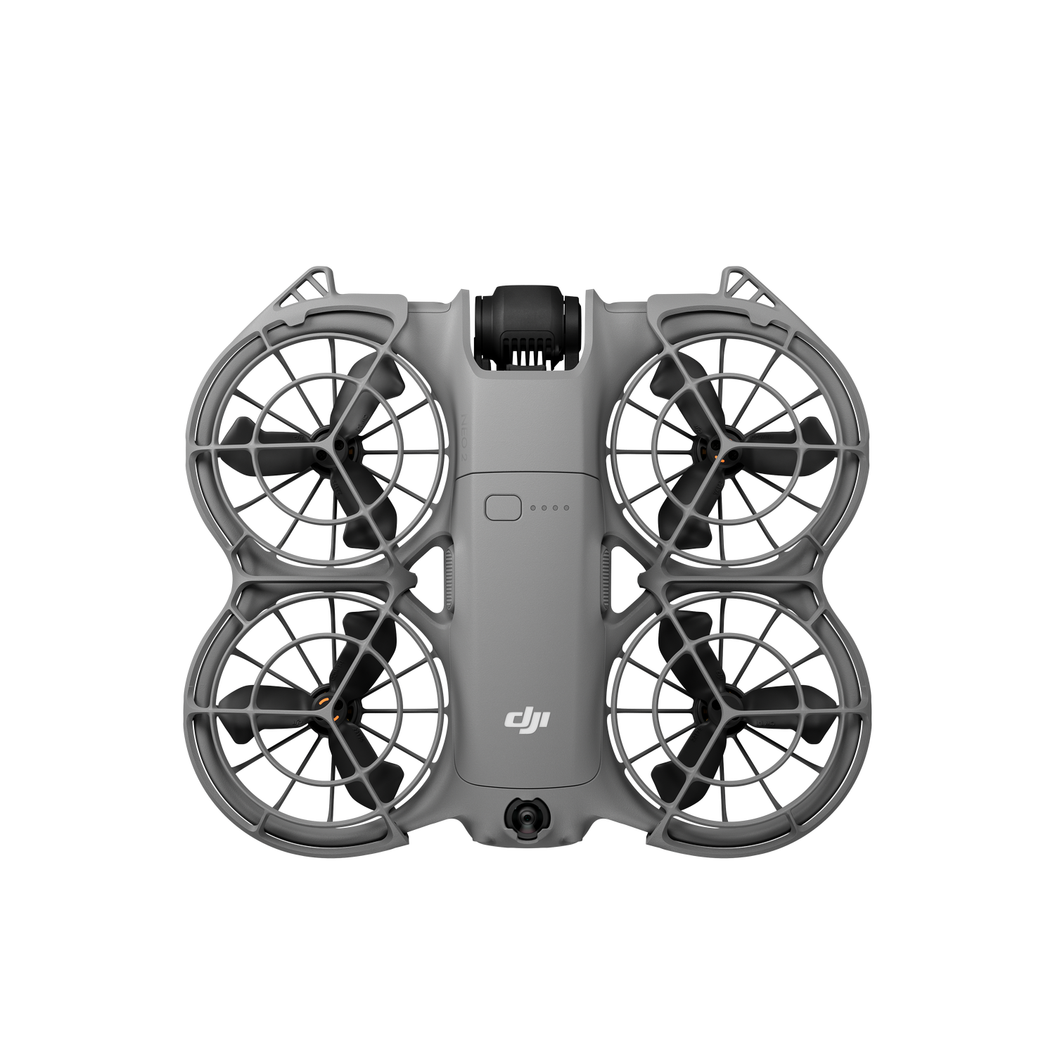 Drone DJI gris con protectores de hélice integrados sobre fondo negro.