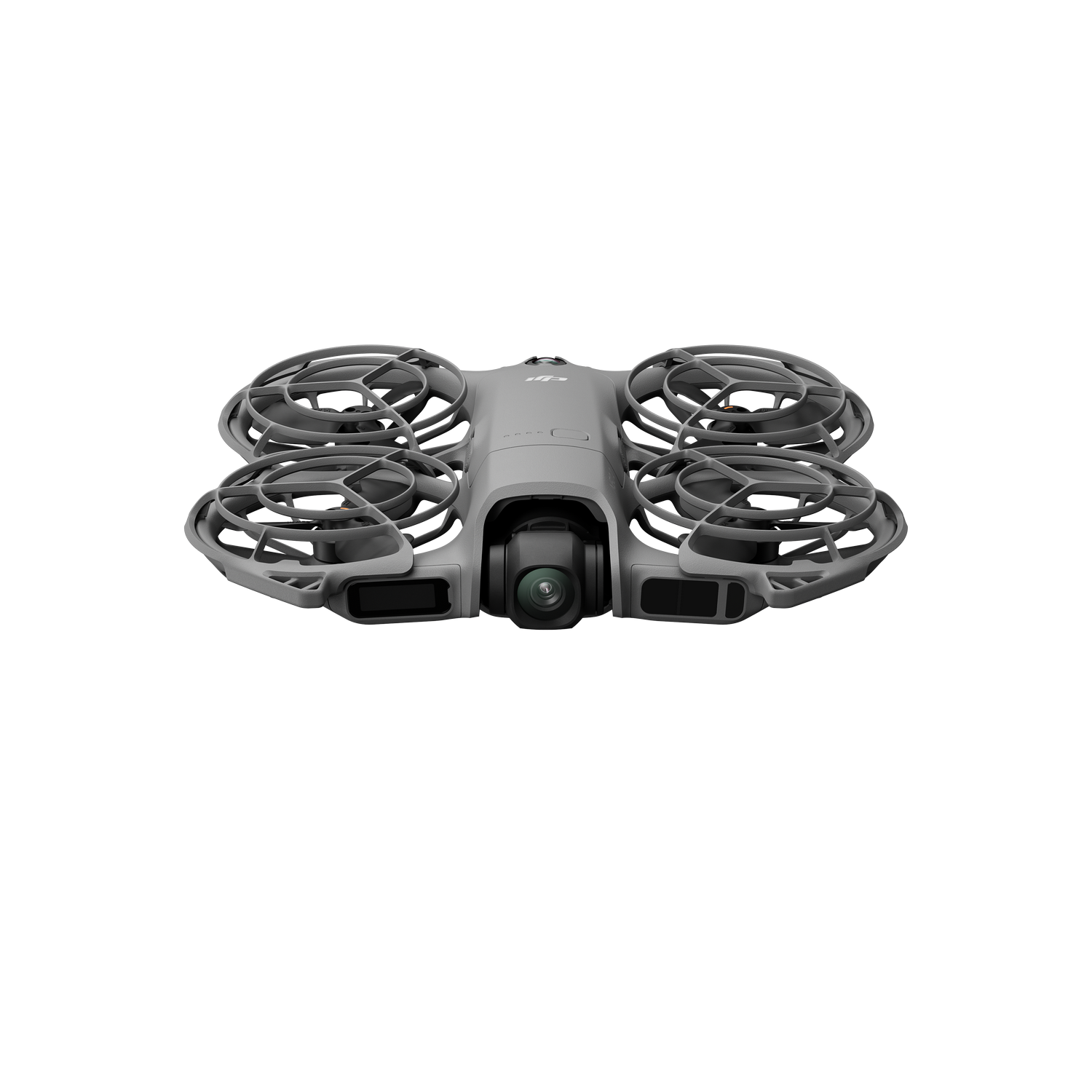 Un dron gris con cuatro hélices protegidas y una cámara frontal central sobre un fondo negro.