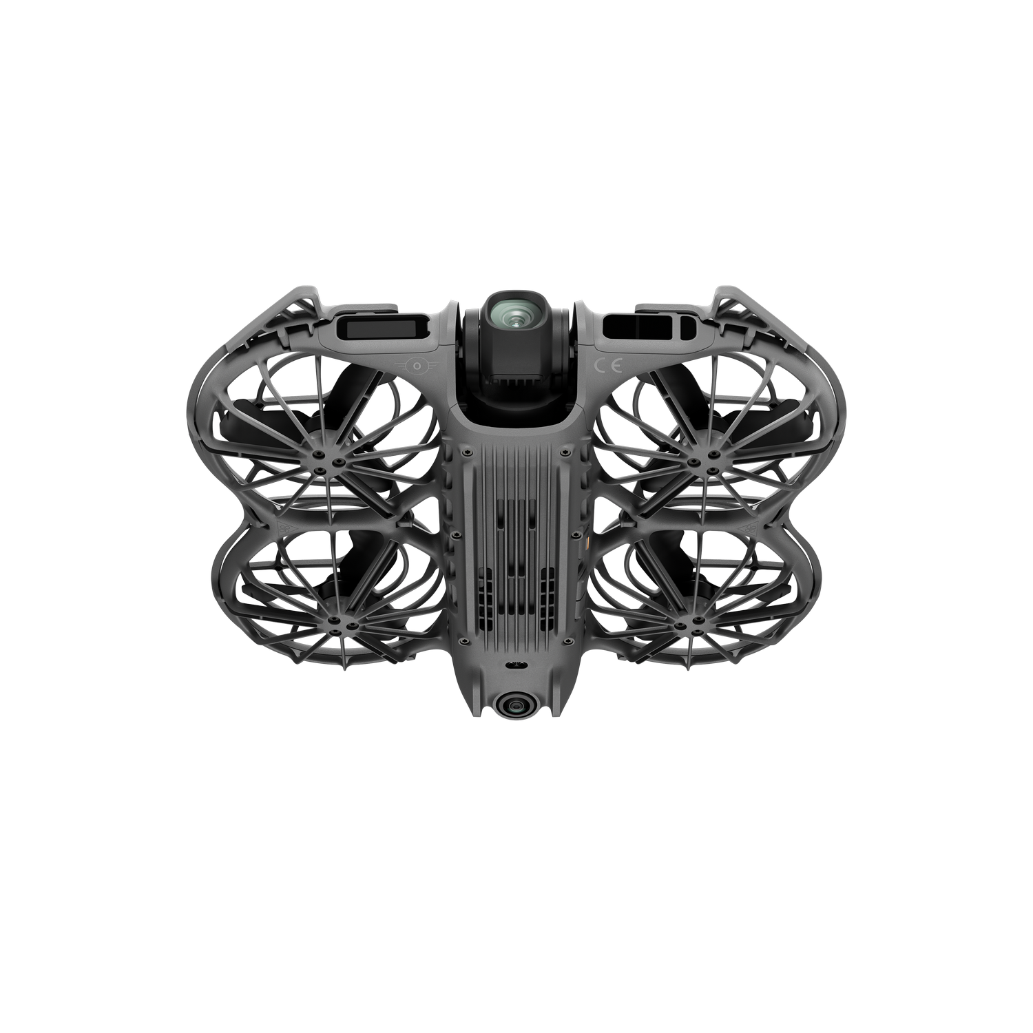 Un dron FPV gris con protectores de hélice integrados y cámara frontal sobre un fondo negro sólido.