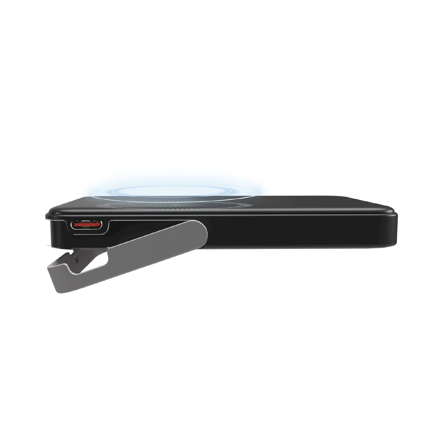 Un power bank nero con supporto in metallo grigio e un'icona di ricarica wireless blu.