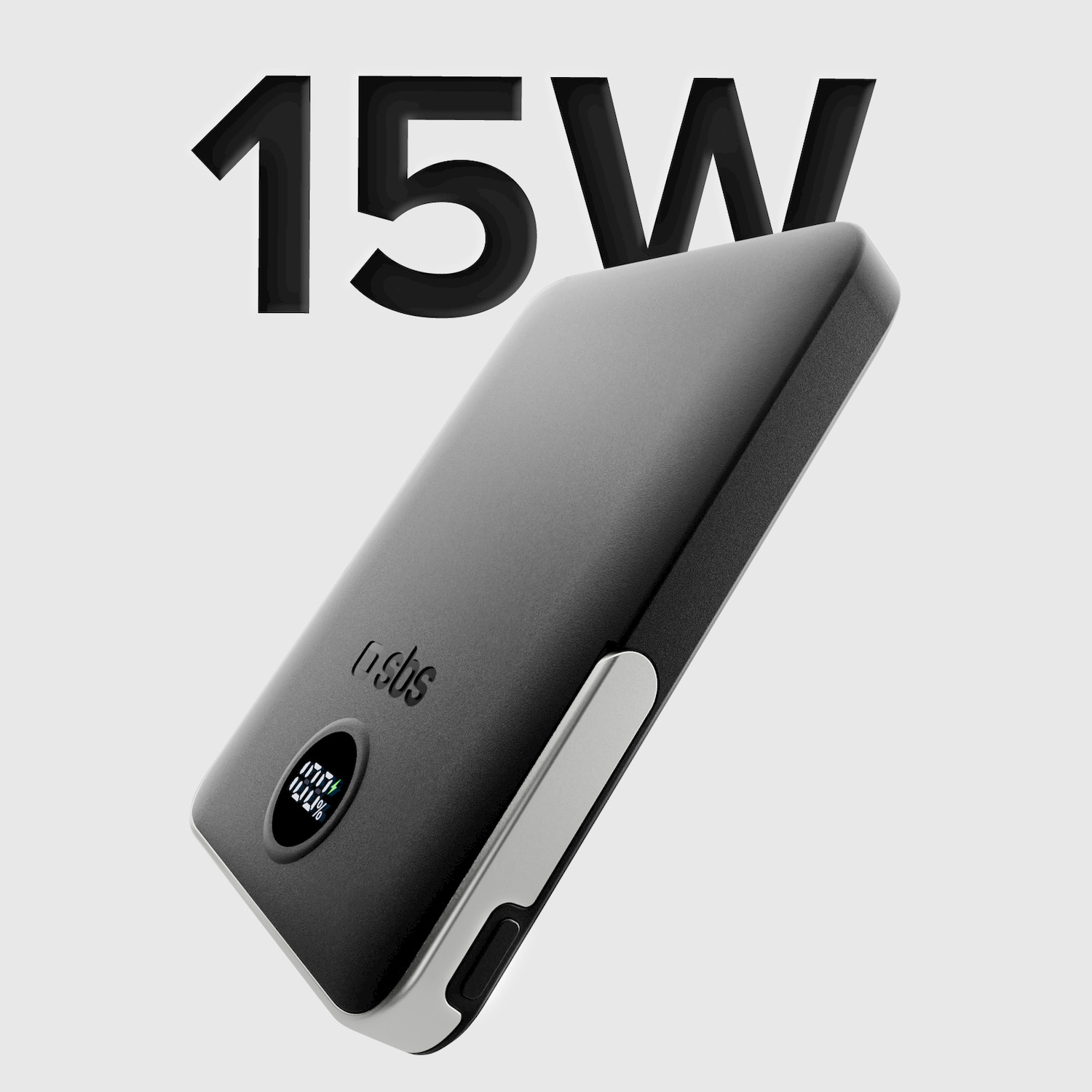 Power bank nera da 15W con display digitale su sfondo grigio.