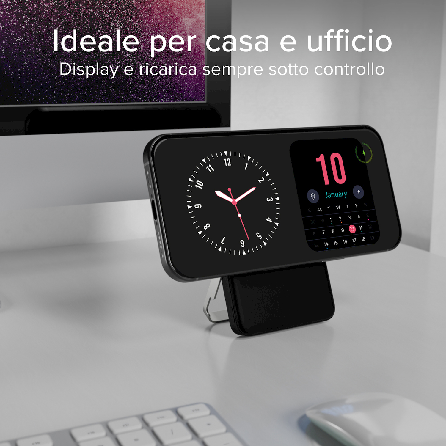 Uno smartphone su un supporto su una scrivania mostra un orologio e un calendario.