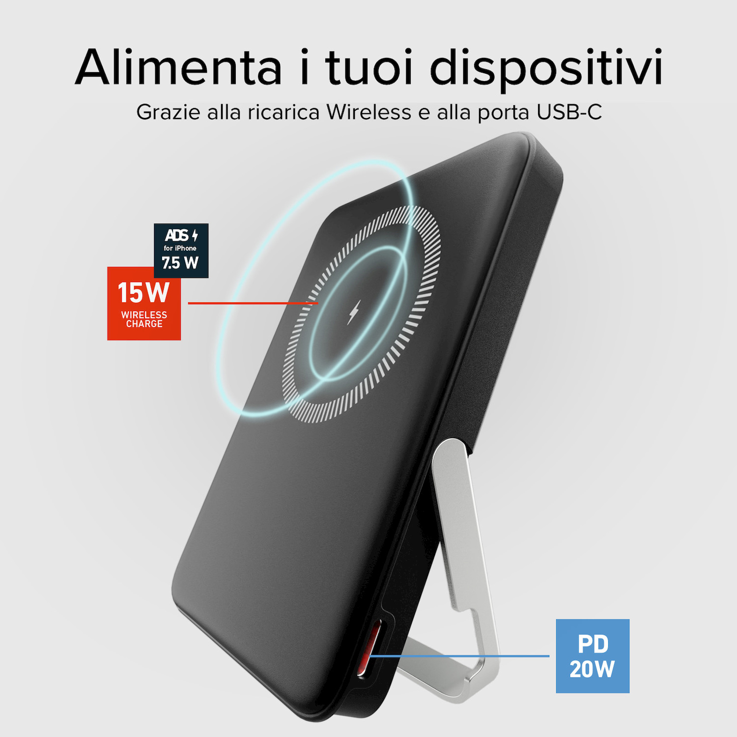 Power bank nera con supporto, ricarica wireless e porta USB-C.