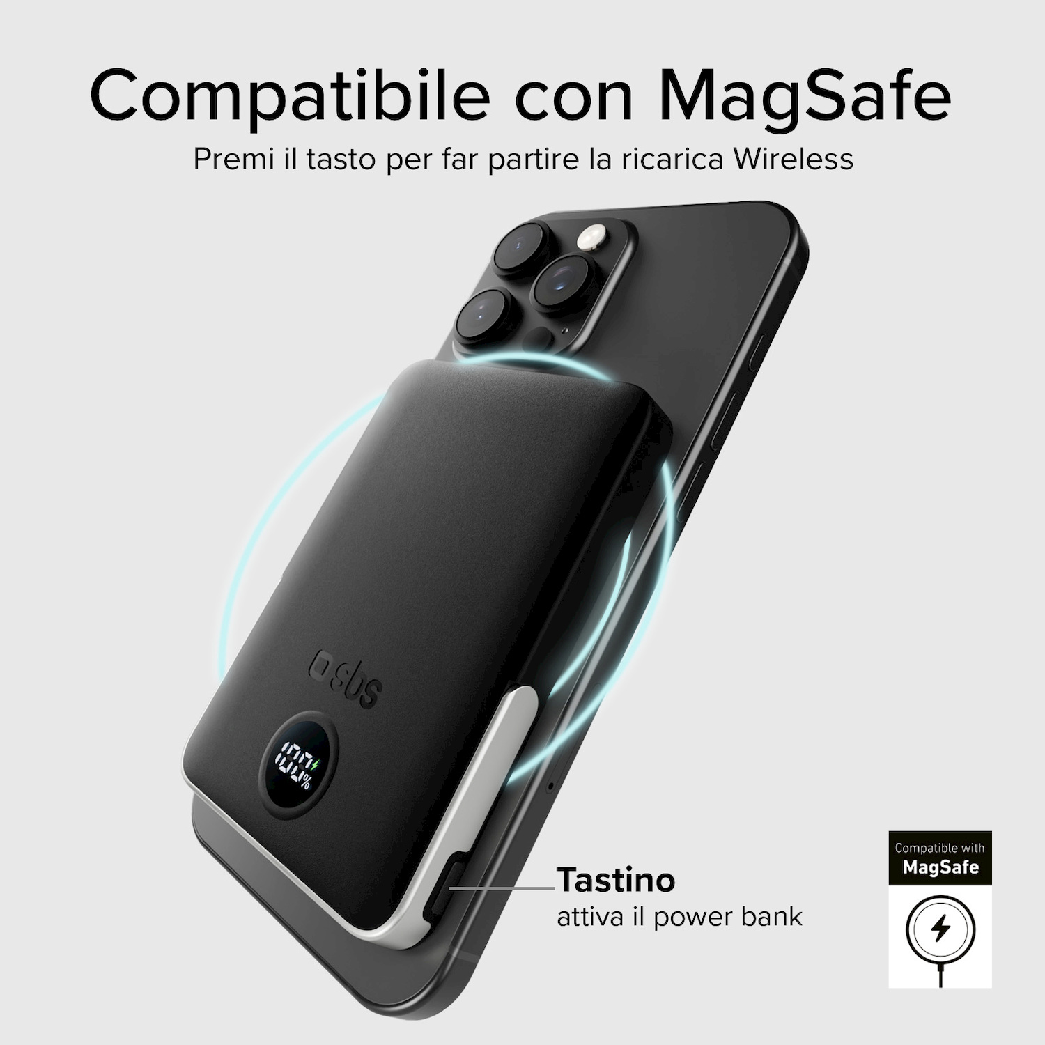 Power bank MagSafe nero applicato a un iPhone, con display digitale e tasto di accensione.