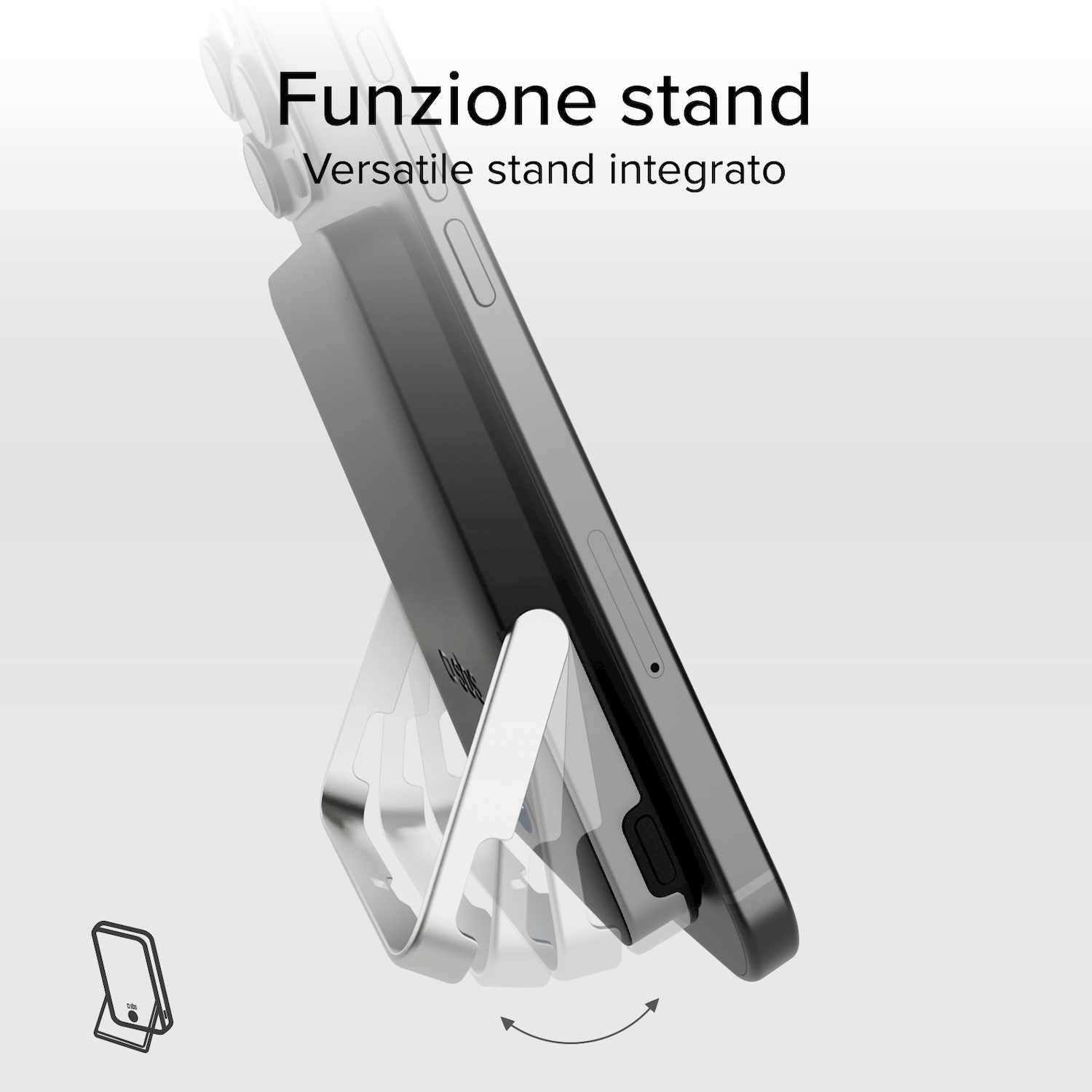 Uno smartphone in una custodia con supporto integrato, mostrato a varie angolazioni regolabili su sfondo grigio.