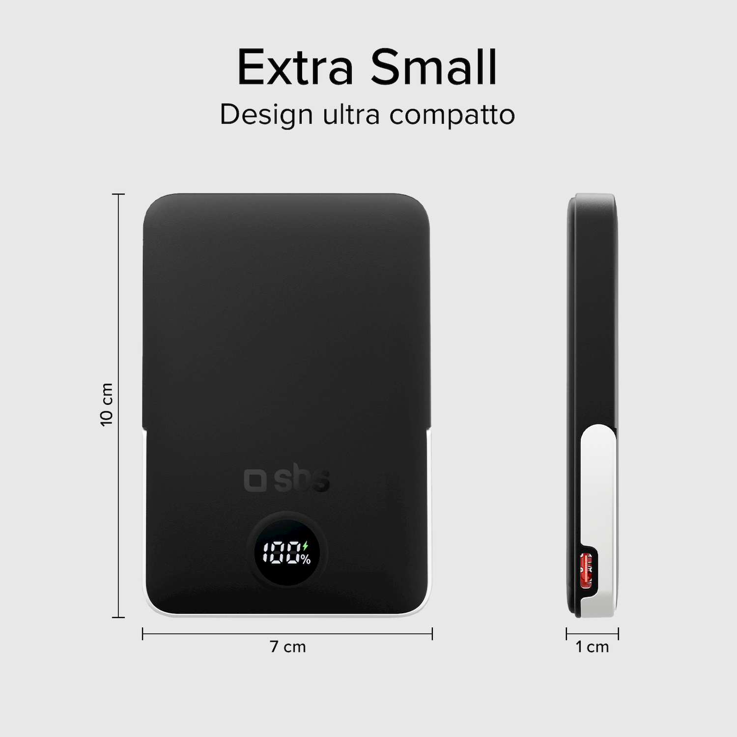 Power bank nera compatta alta 10 cm, larga 7 cm e spessa 1 cm, con display percentuale digitale.
