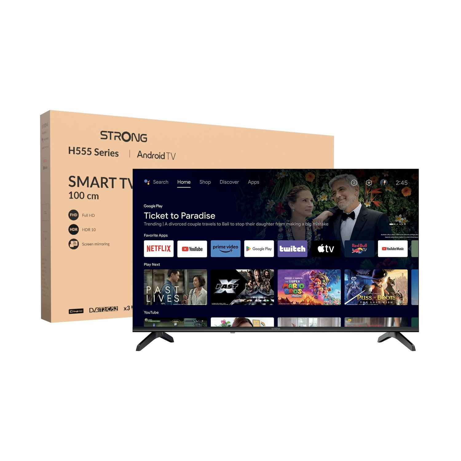 Una smart TV Strong con interfaccia Android davanti alla sua scatola di cartone su sfondo bianco.