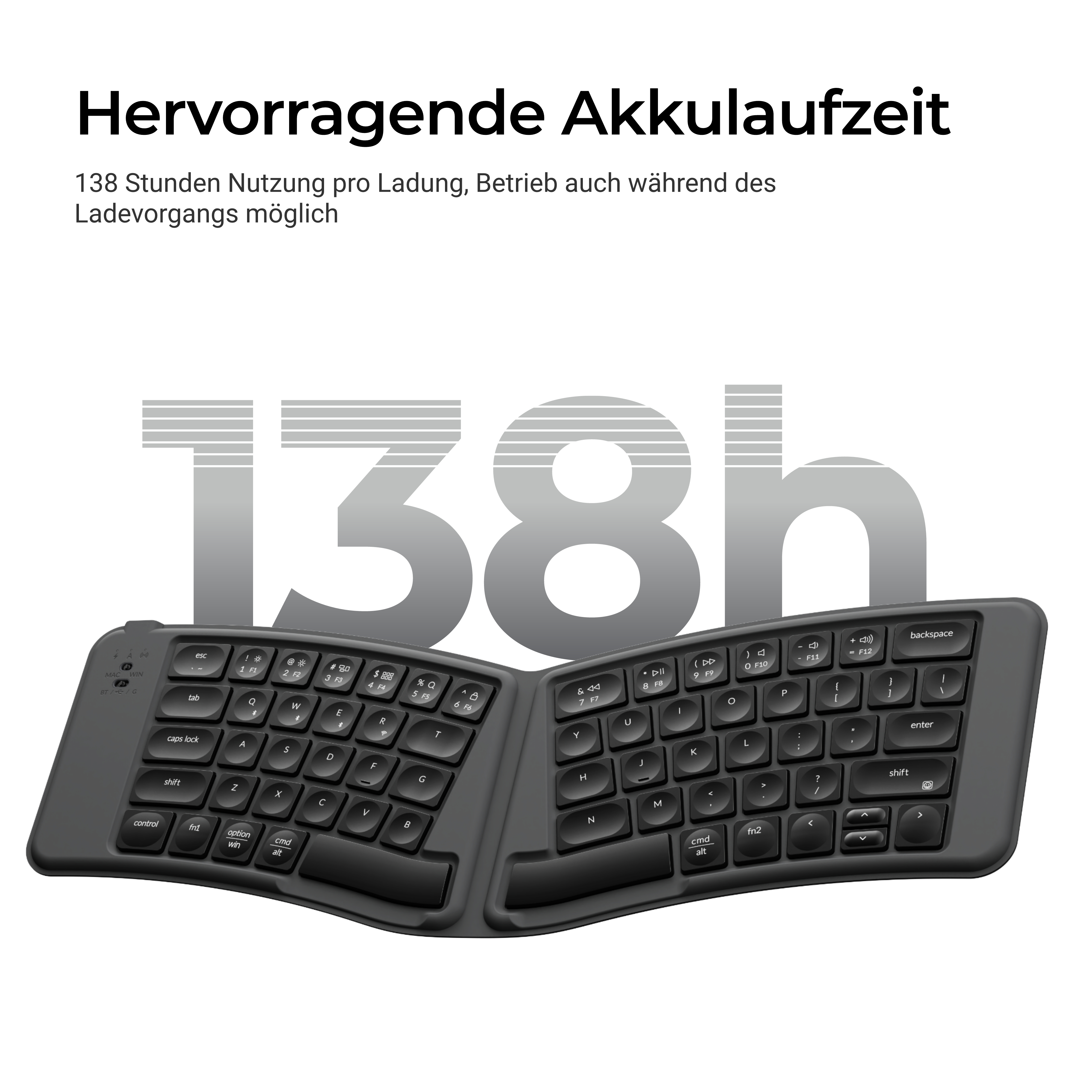 Geteilte, ergonomische schwarze Tastatur mit der Aufschrift 138h im Hintergrund.