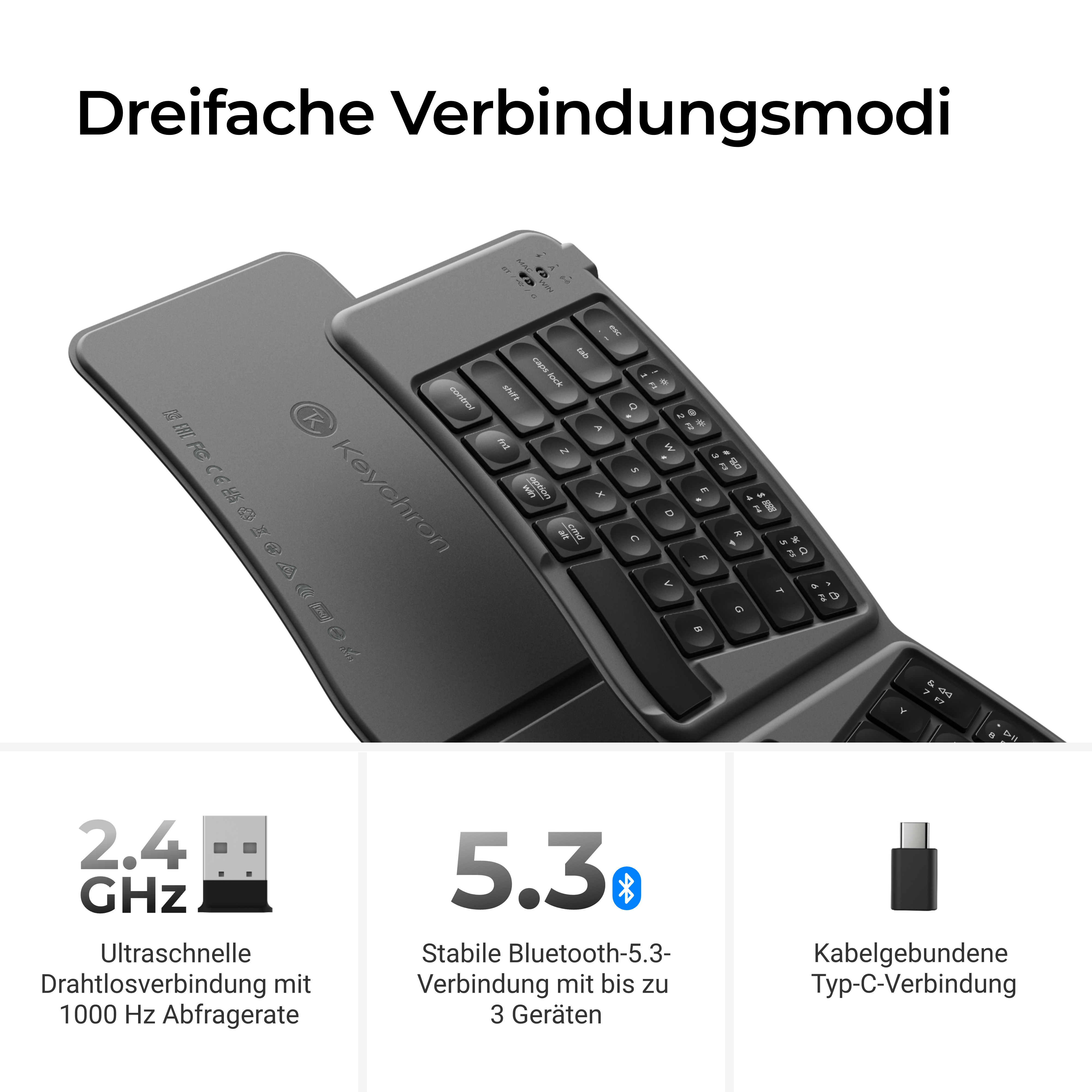 Keychron-Tastatur mit dreifachen Verbindungsmodi: 2.4 GHz, Bluetooth 5.3 und Typ-C-Kabel.