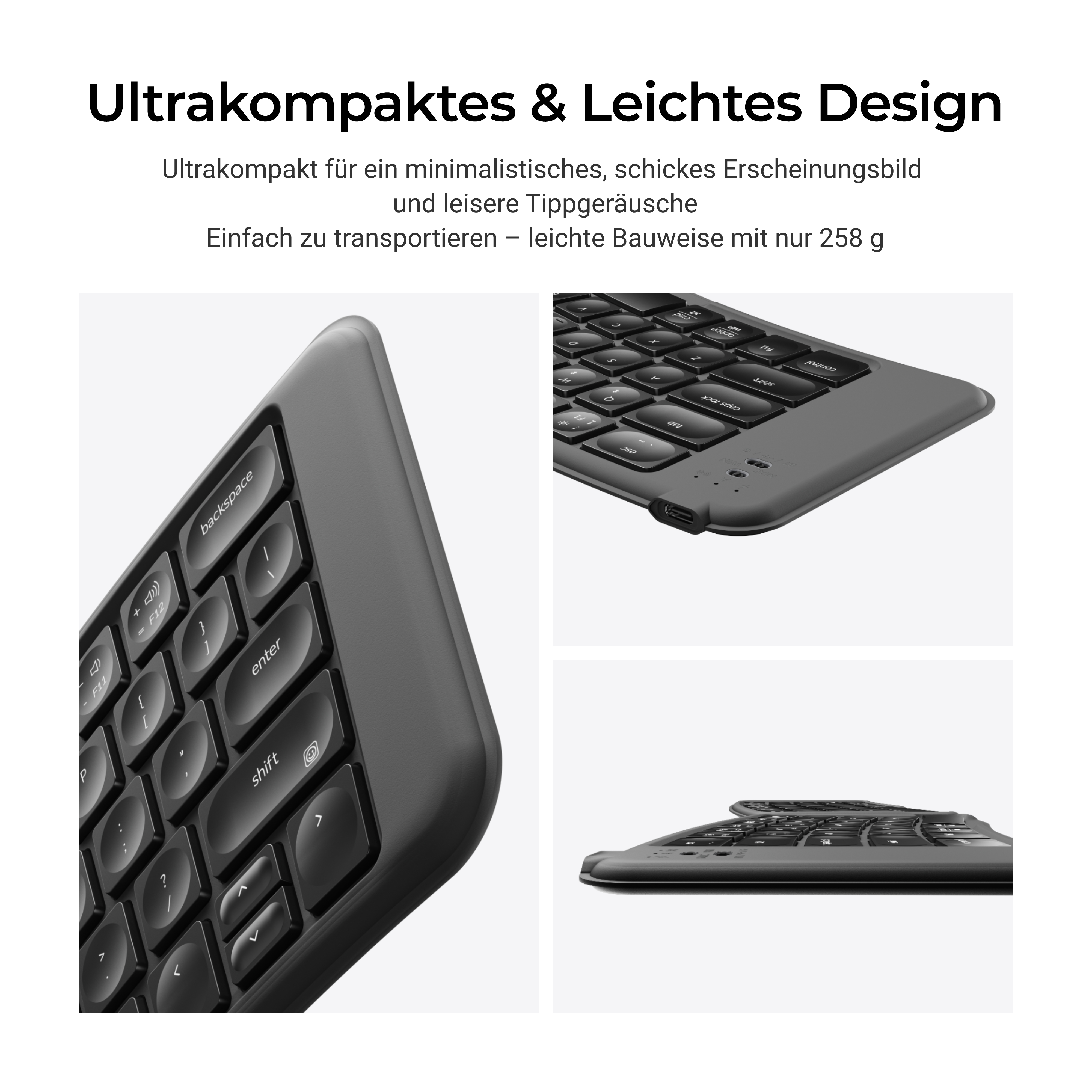 Ultrakompaktes, leichtes deutsches Tastaturdesign mit Text in deutscher Sprache.