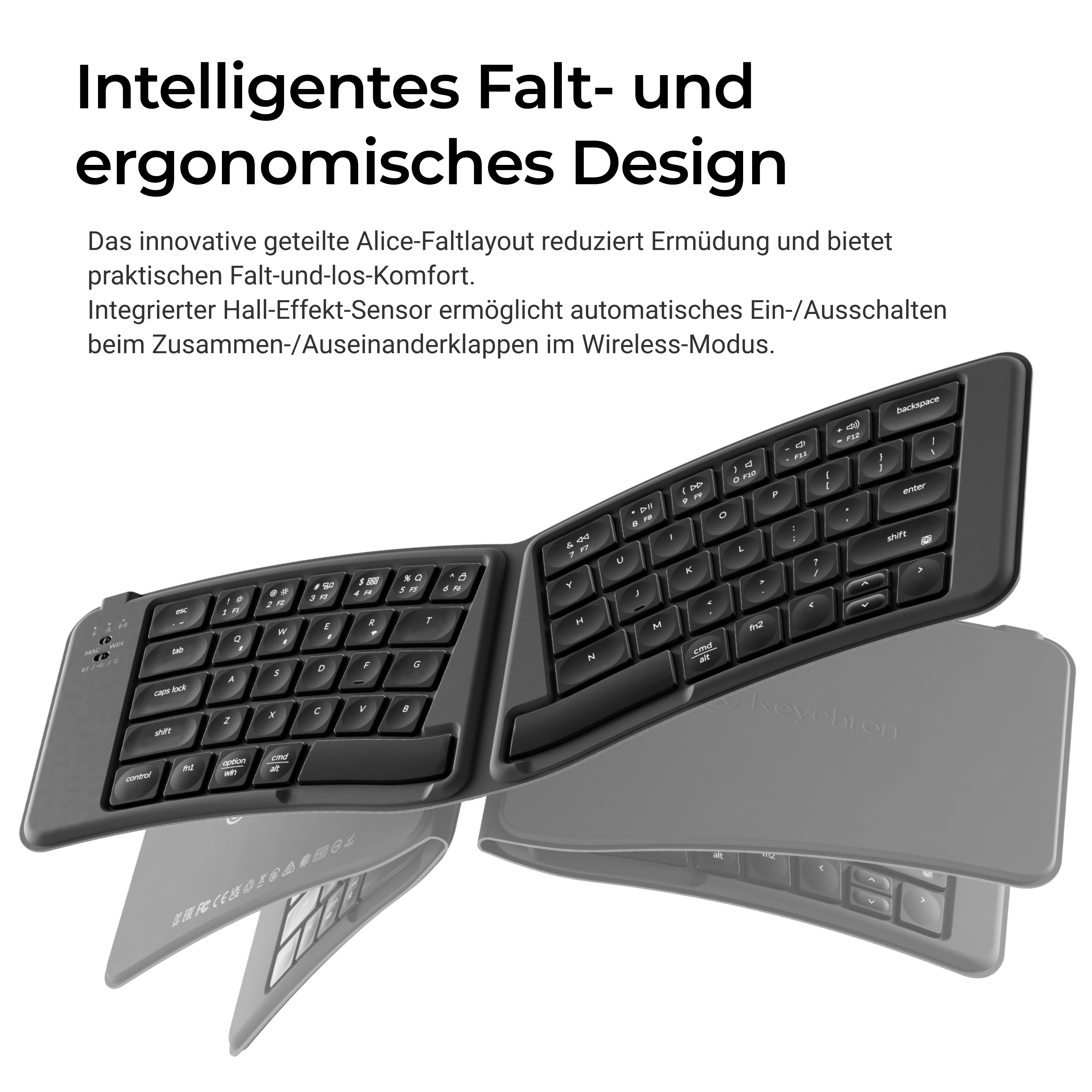 Eine faltbare, ergonomische Tastatur in Schwarz mit geteiltem Layout wird in verschiedenen Faltpositionen gezeigt.