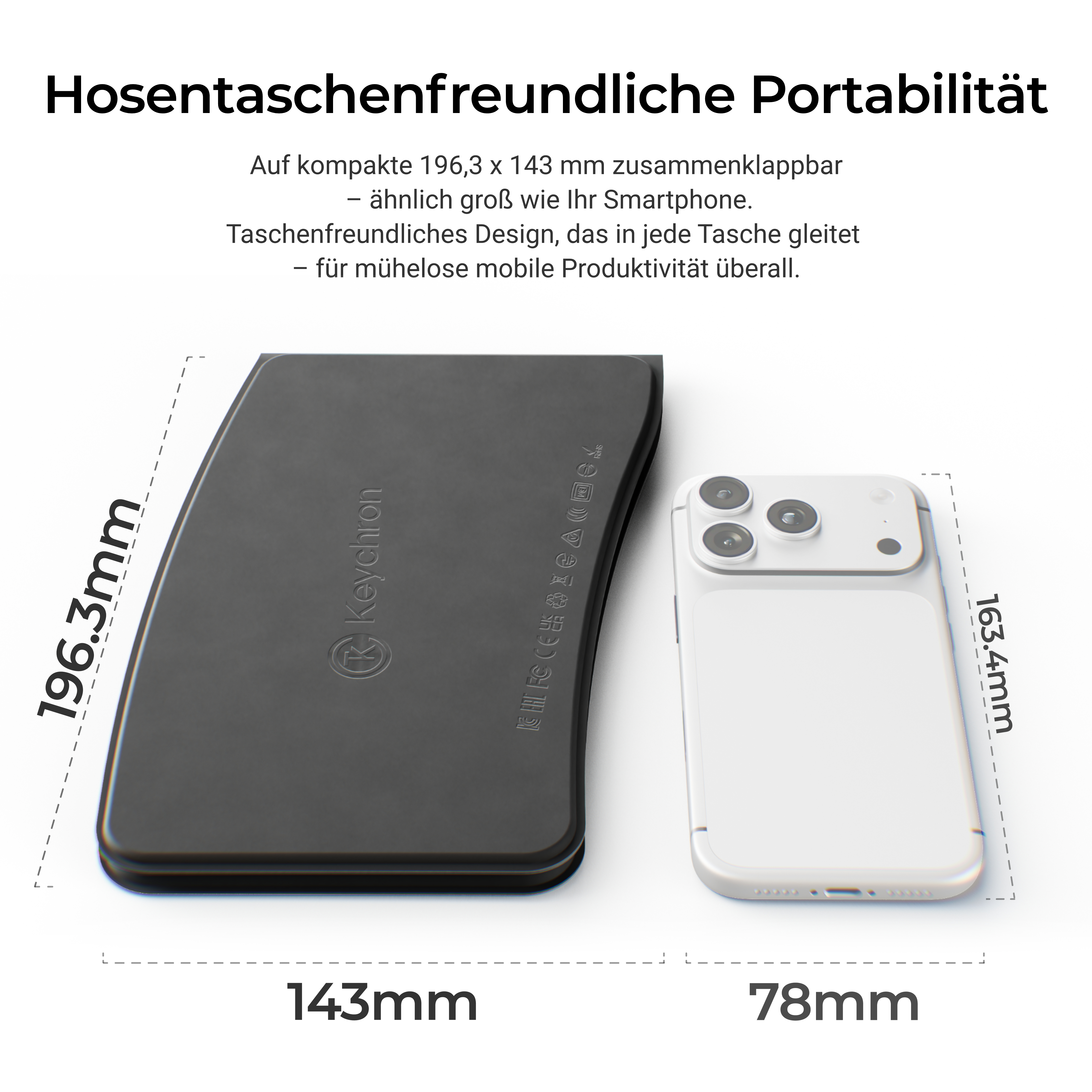 Ein faltbares Gerät neben einem Smartphone mit Maßangaben zur Portabilität.