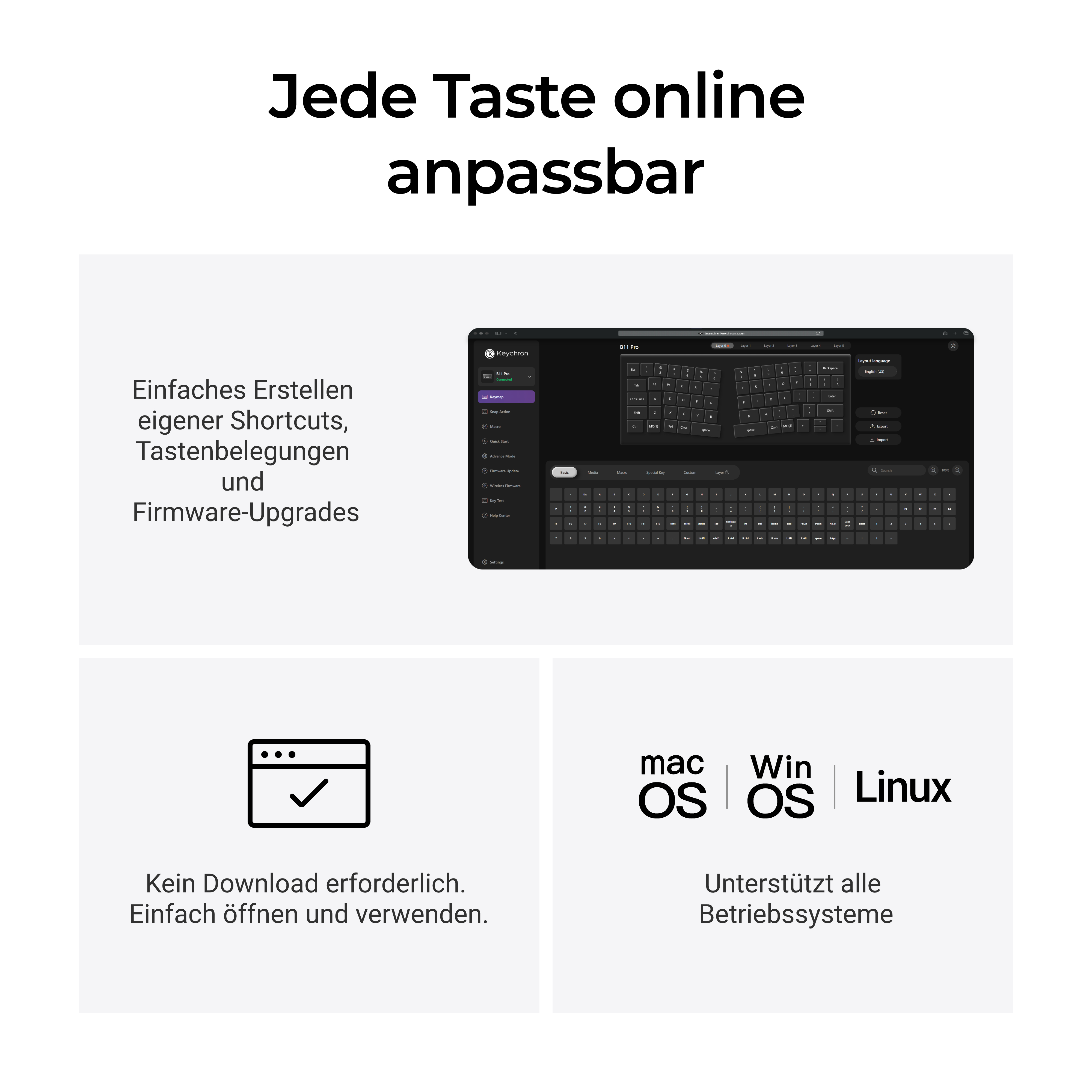 Online anpassbare Tastatur mit Shortcut-Erstellung, browserbasiert und für alle gängigen Betriebssysteme.