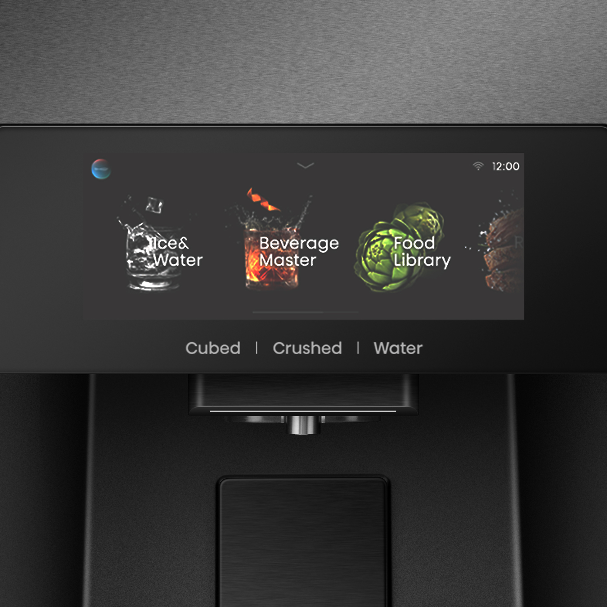 Digitades Display eines Kühlschranks zeigt Optionen für Eis und Wasser, Getränke und Nahrungsmittel an.