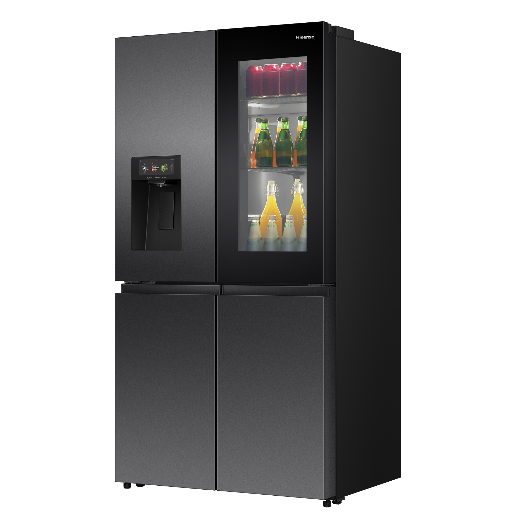 Ein schwarzer viertüriger Hisense-Kühlschrank mit Wasserspender und Glastür für Getränke.