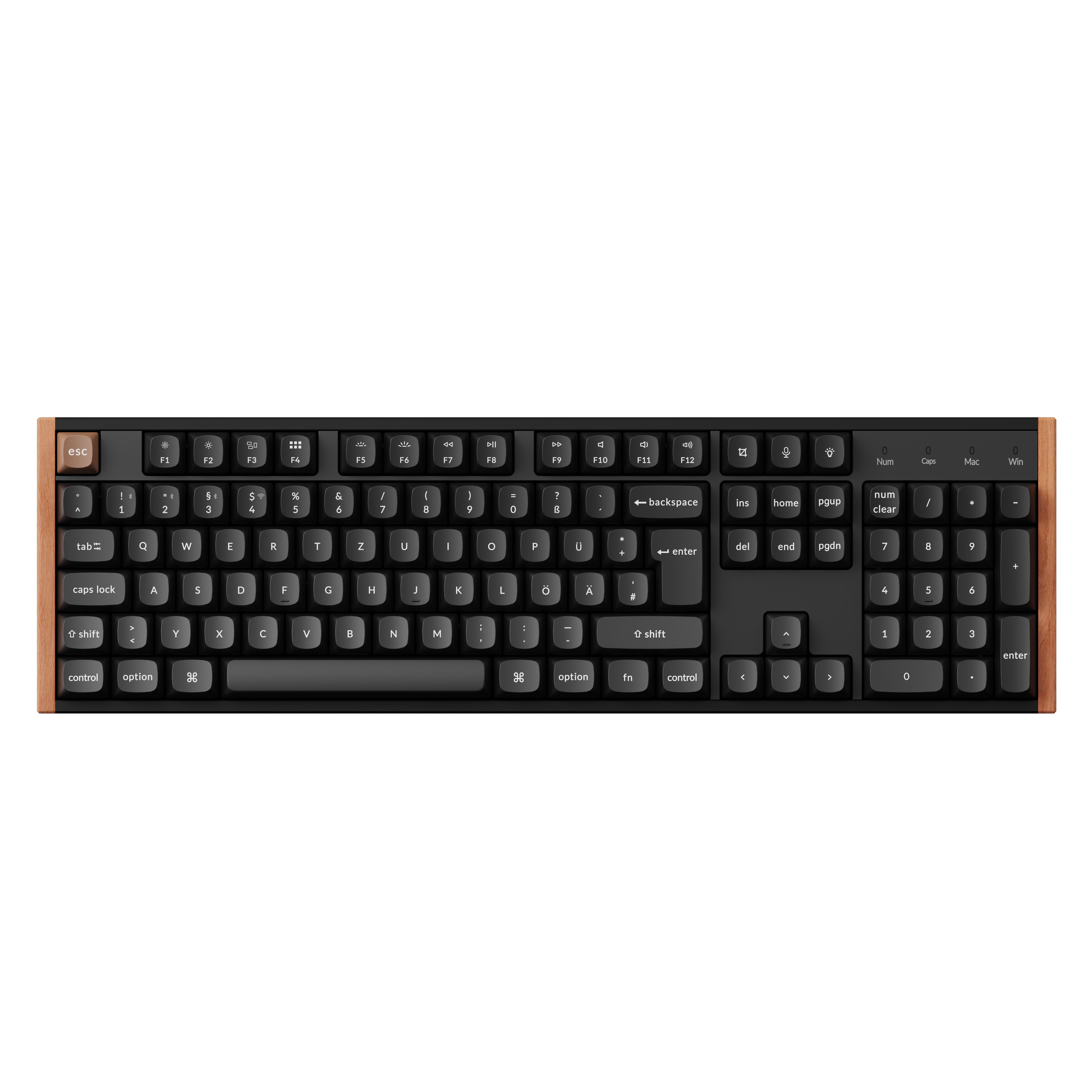 Eine schwarze Computertastatur mit hölzernen Seitenkanten und weißer Beschriftung auf schwarzem Hintergrund.