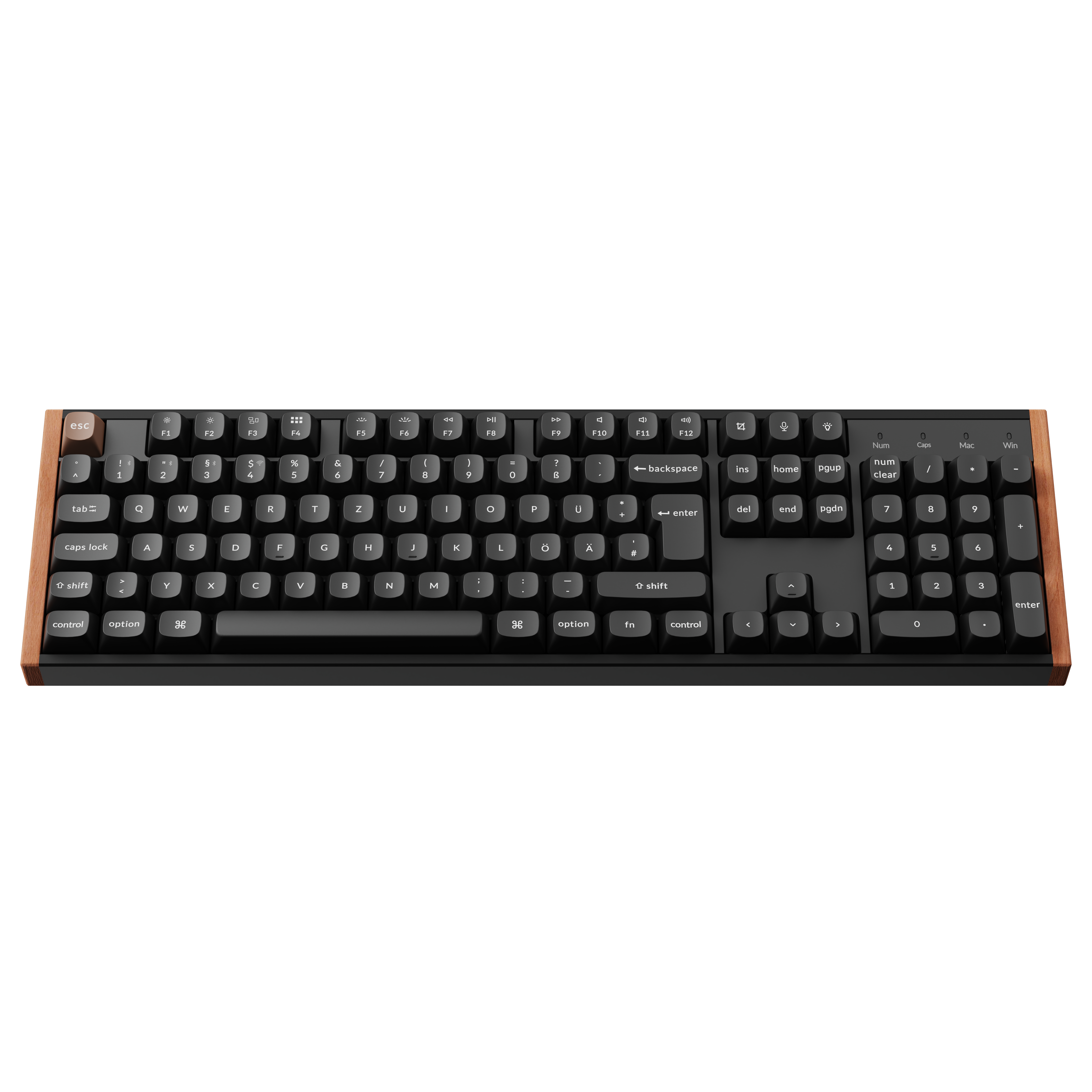 Schwarze mechanische Tastatur mit hölzernen Akzentseiten auf schwarzem Hintergrund.