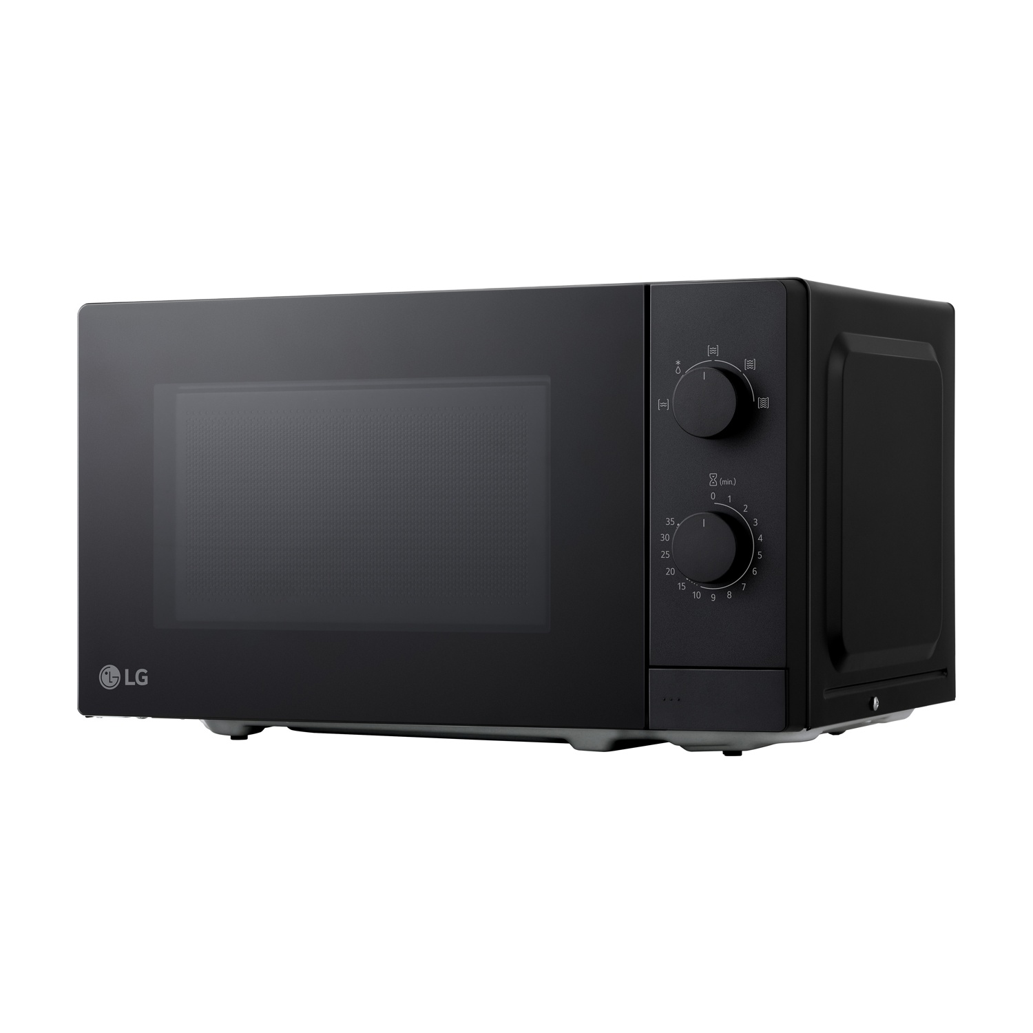Un forno a microonde LG nero con due manopole di controllo rotative e porta in vetro su sfondo bianco.