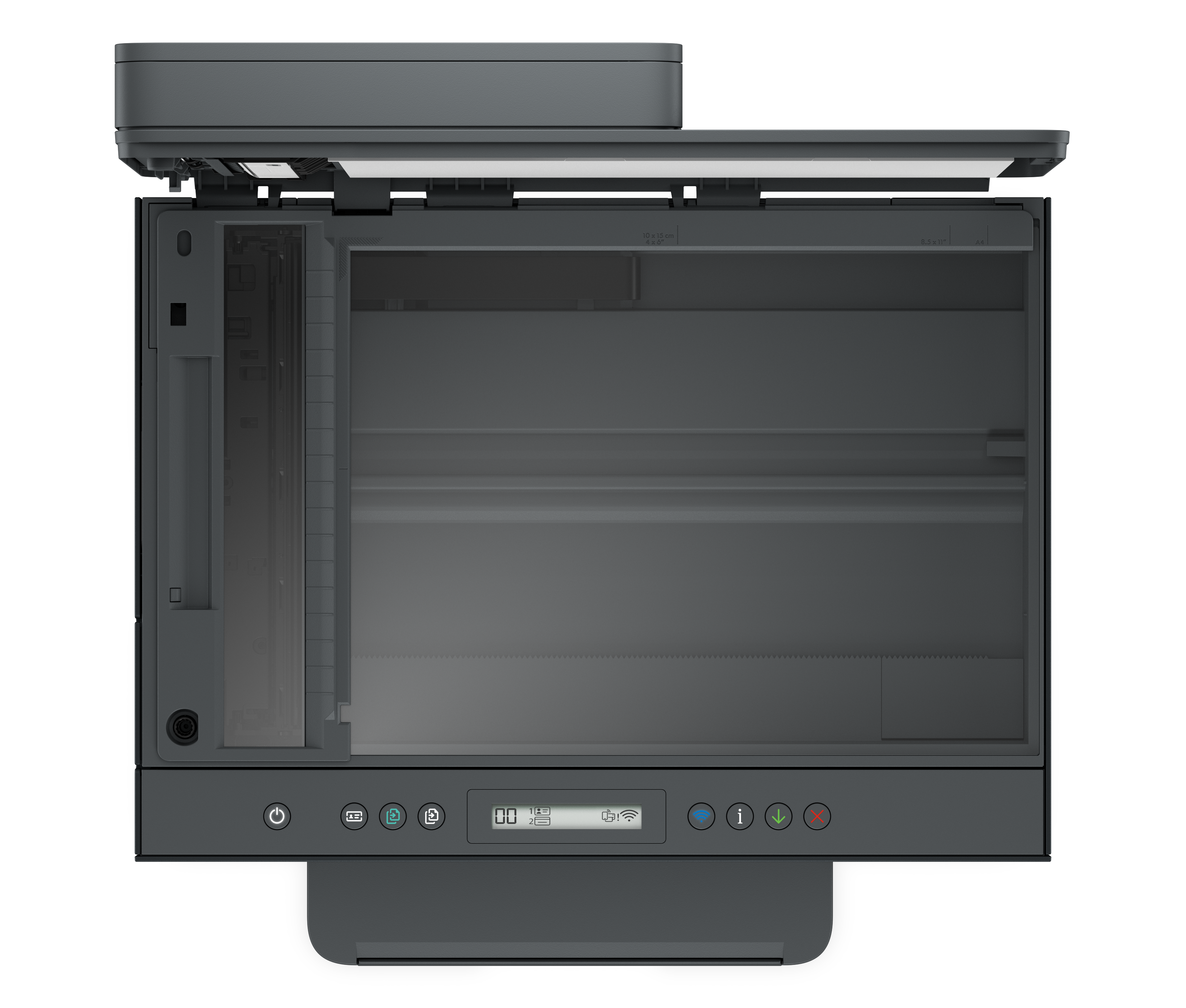 Ein offener, grauer Scanner von oben, mit beleuchtetem Rand und einem Bedienfeld mit Tasten und einem Display unten.