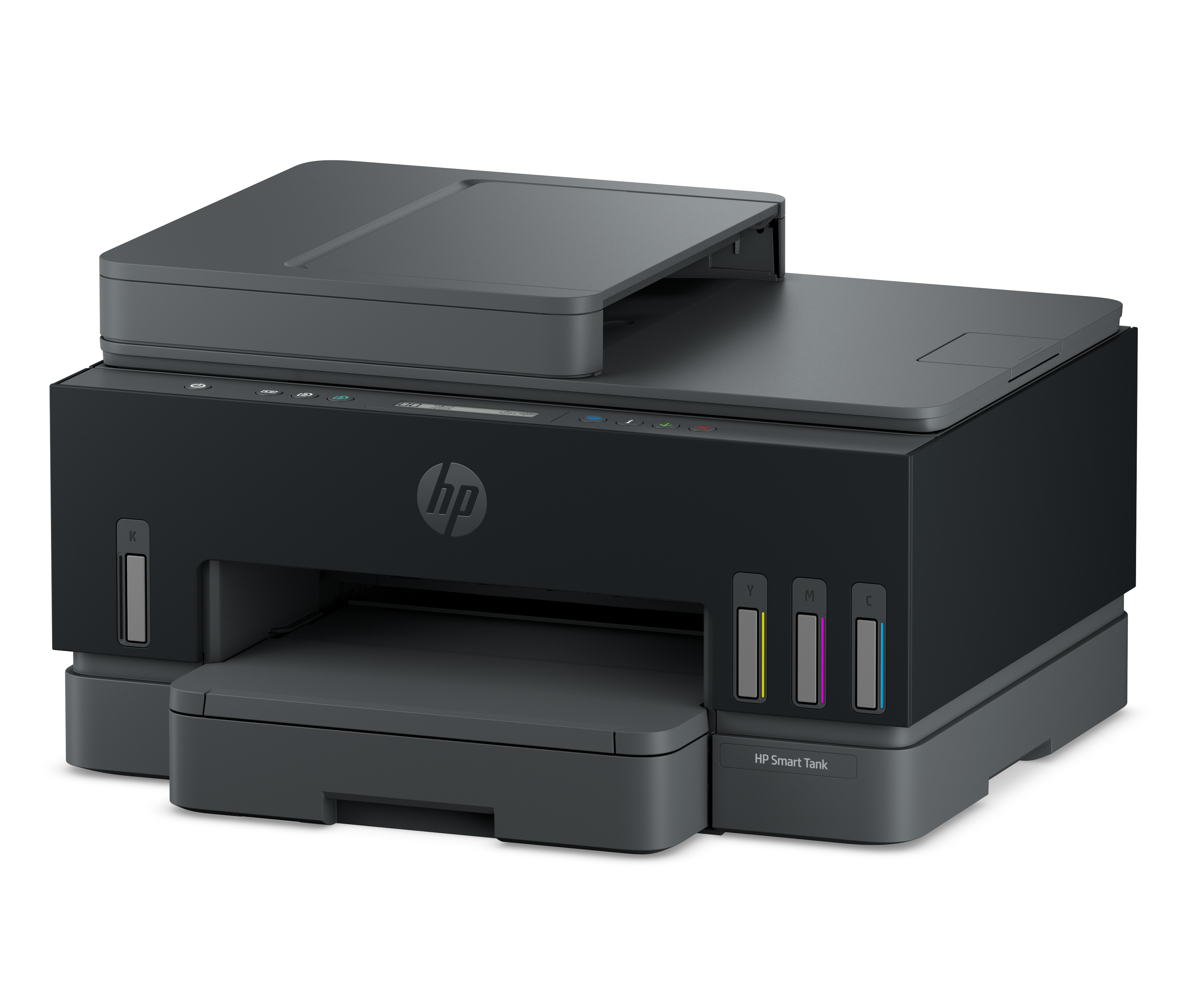 Ein grauer HP Smart Tank Drucker mit Tintentanks vorne auf einem schwarzen Hintergrund.