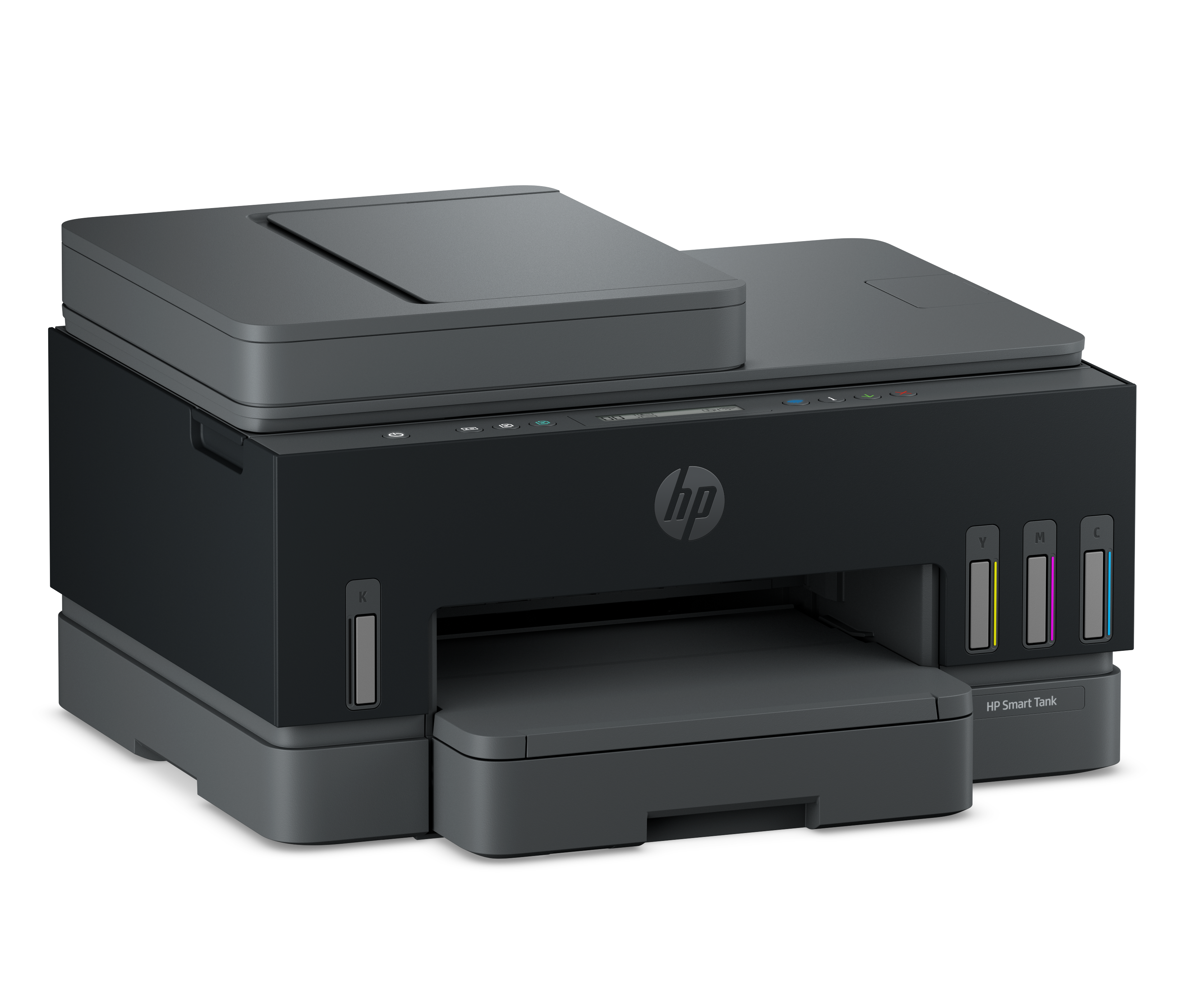 Ein grauer HP Smart Tank Drucker mit Tintentanks vorne steht auf schwarzem Hintergrund.