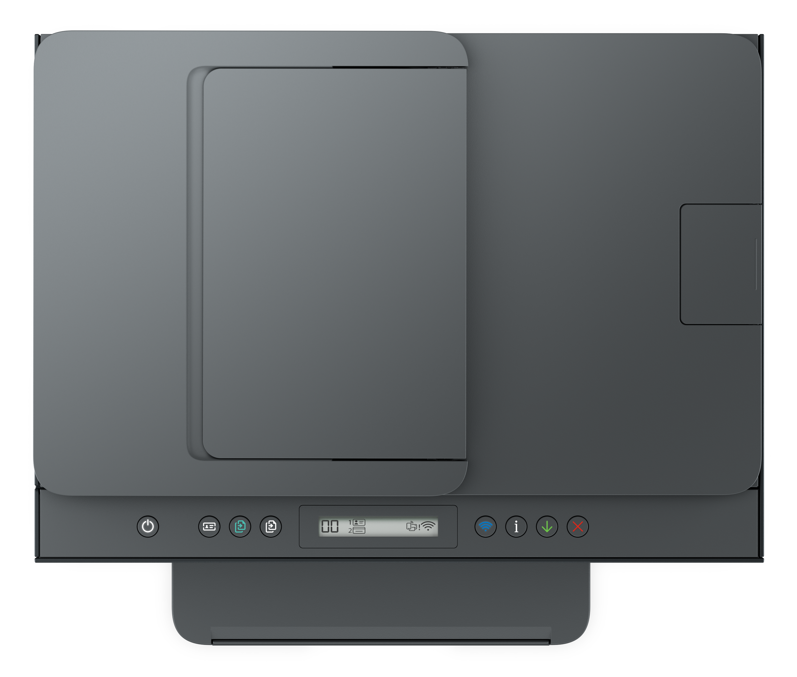 Draufsicht auf einen dunklen Multifunktionsdrucker mit Bedienfeld und Display.