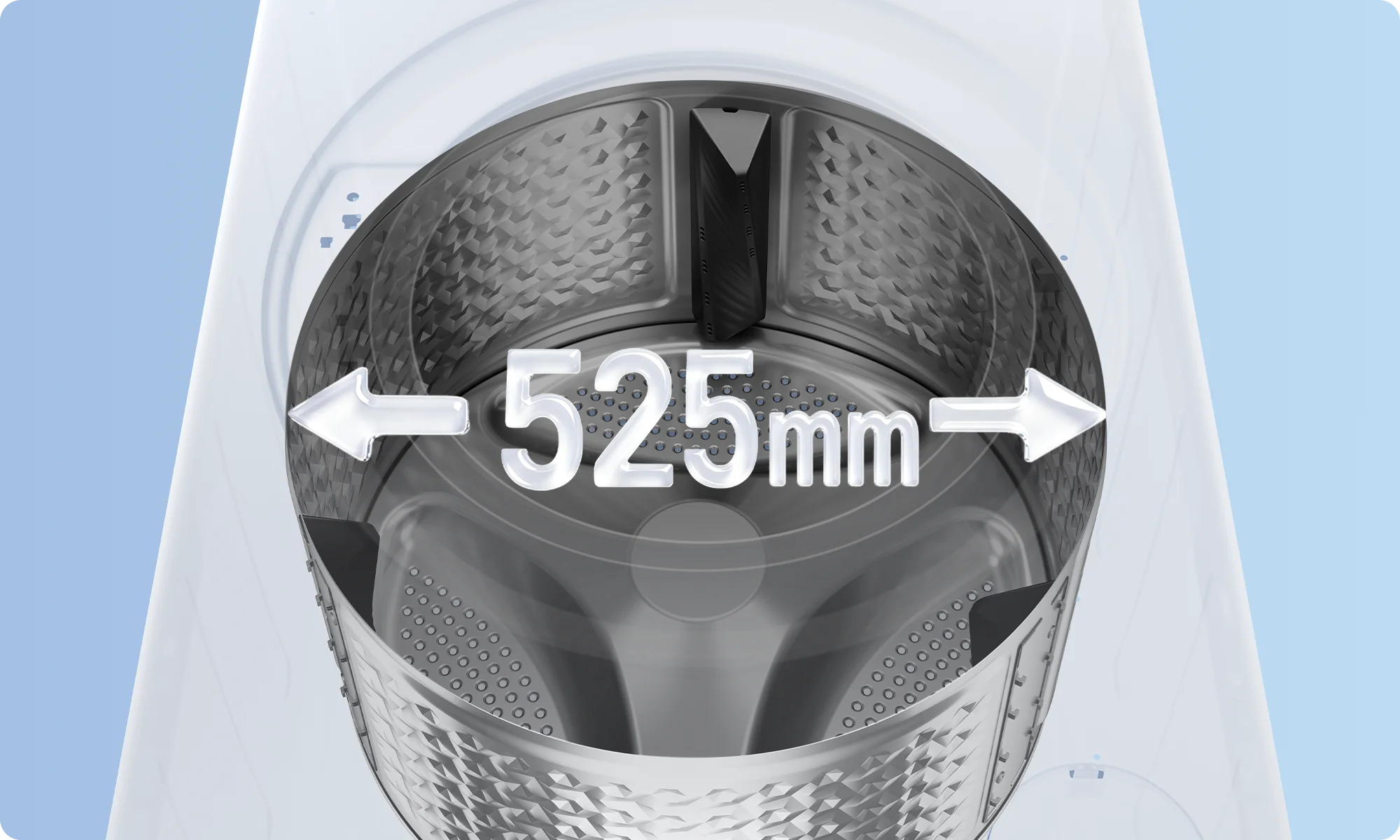 Rozsdamentes acél mosógépdob 525 mm átmérővel, kétoldalas nyilakkal kiemelve.