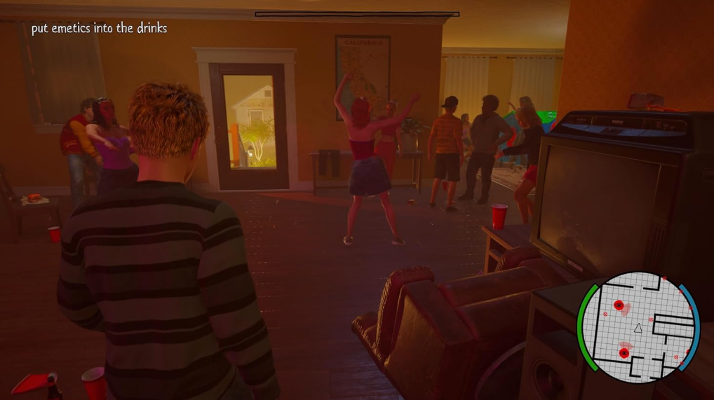 Eine Spielfigur in einem gestreiften Pulli blickt in einen raumgefüllten Partyraum mit tanzenden Menschen und Fernseher.