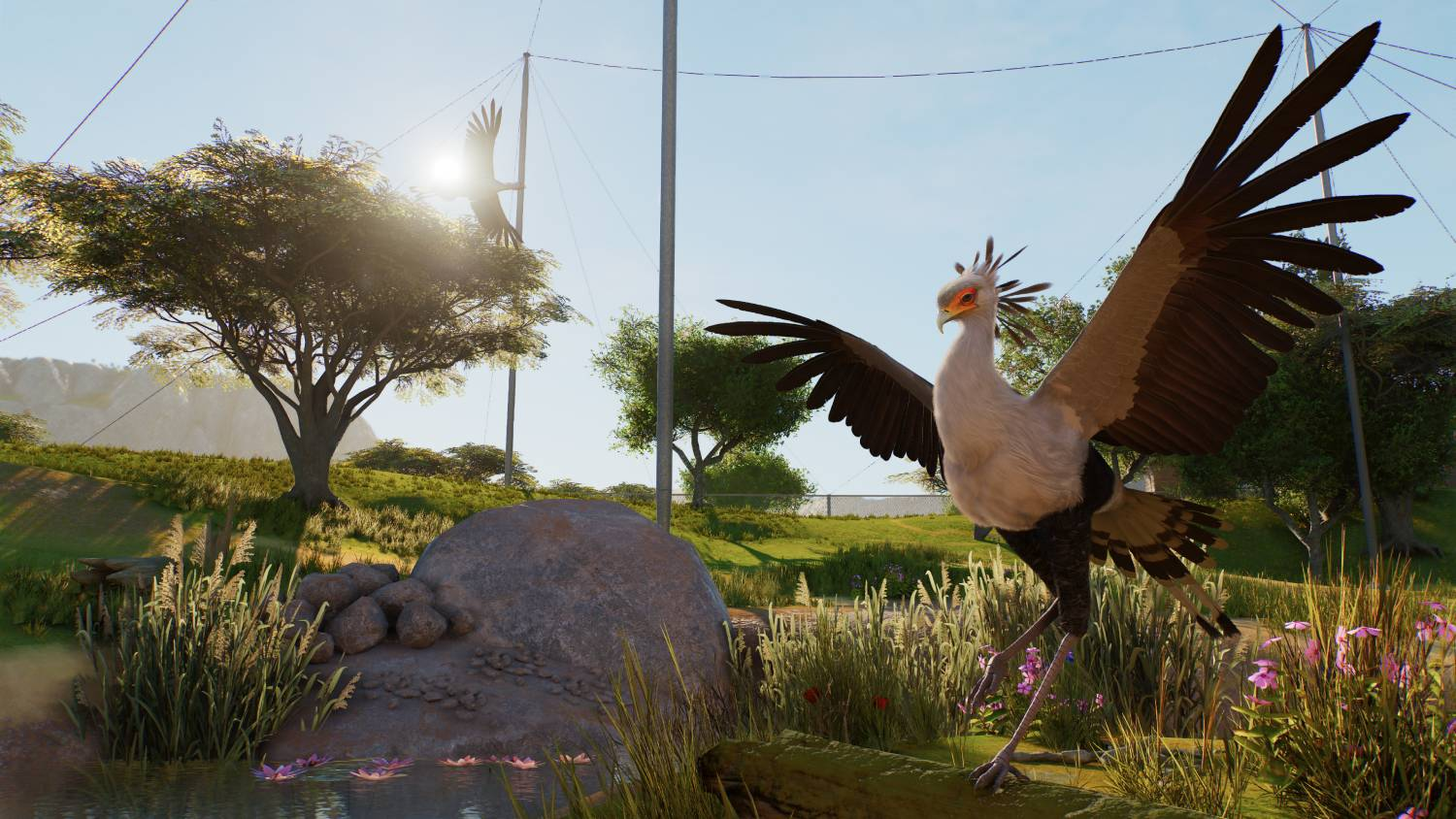 Un pájaro secretario con alas abiertas se encuentra en un paisaje herboso con árboles, un estanque y sol brillante.