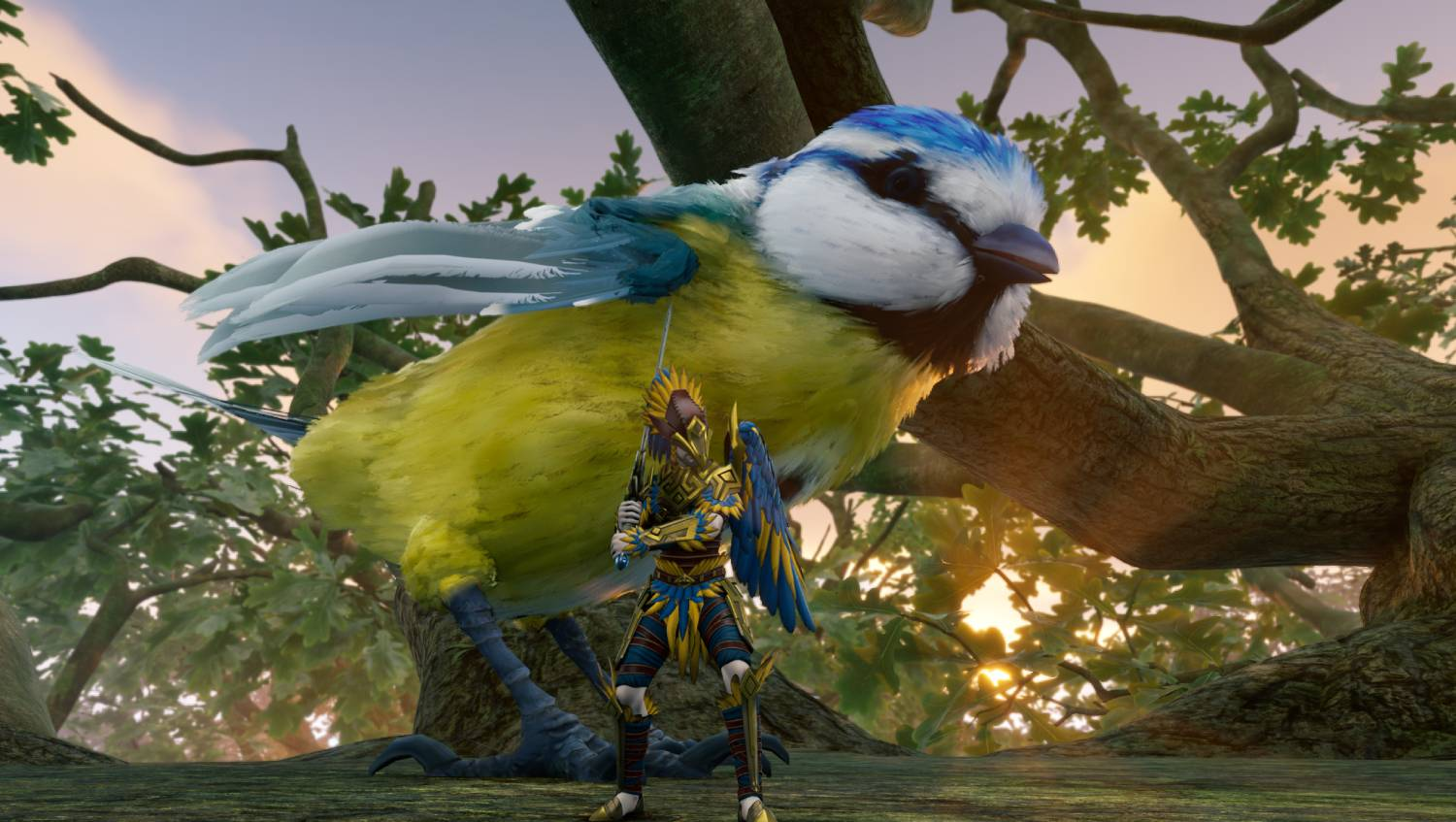 Un pequeño guerrero se para frente a un herrerillo azul y amarillo gigante en un árbol.